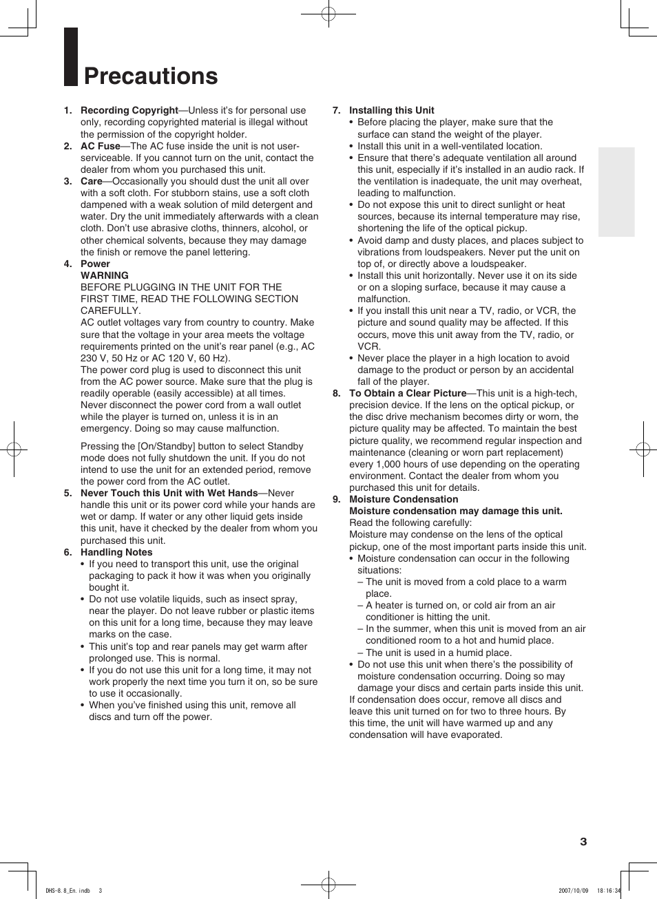 Precautions | Integra DHS-8.8 User Manual | Page 3 / 52