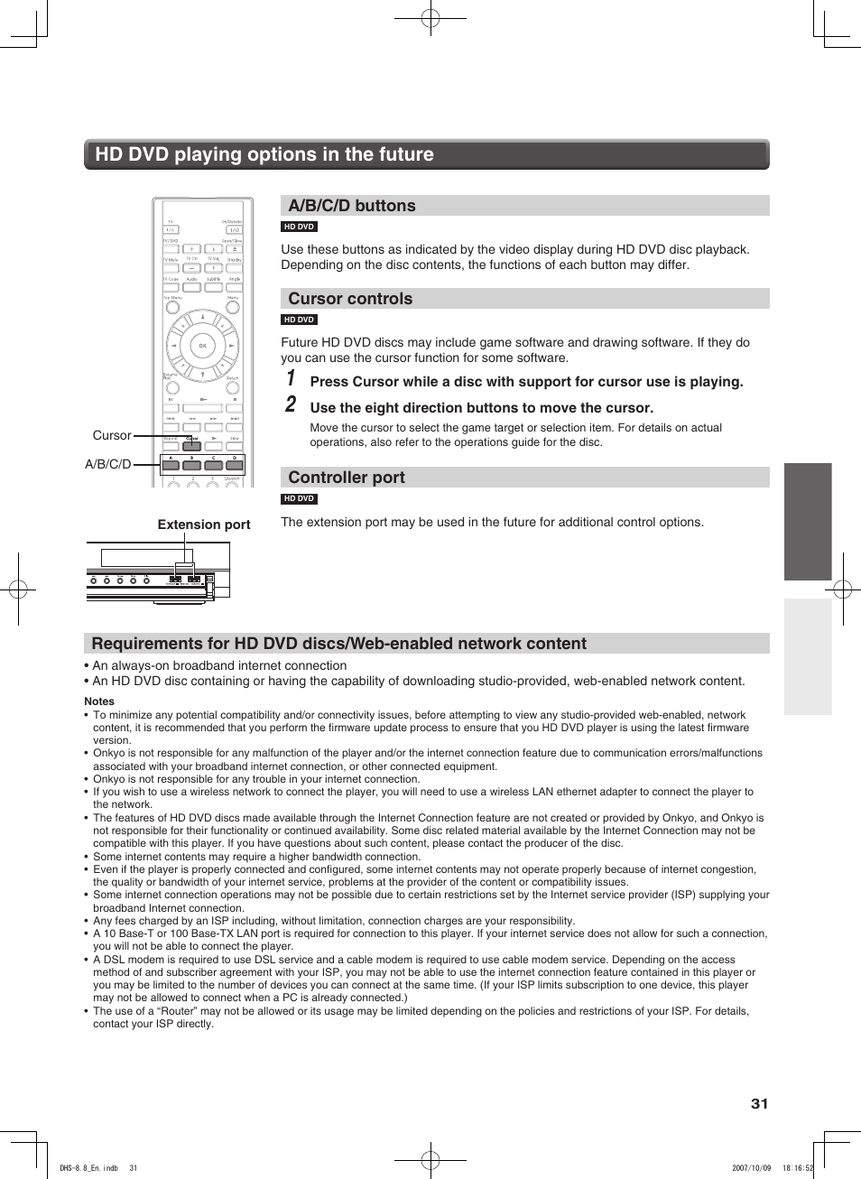 Hd dvd playing options in the future, A/b/c/d buttons, Cursor controls | Controller port | Integra DHS-8.8 User Manual | Page 31 / 52