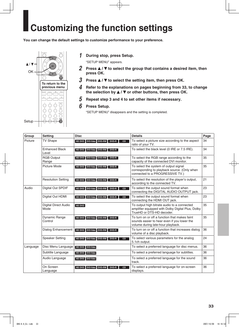 Customizing the function settings, During stop, press setup, Press / to select the setting item, then press ok | Press setup | Integra DHS-8.8 User Manual | Page 33 / 52