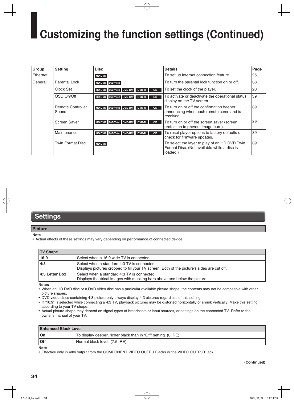 Customizing the function settings (continued), Settings | Integra DHS-8.8 User Manual | Page 34 / 52