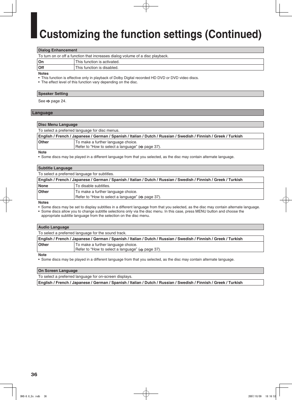 Customizing the function settings (continued) | Integra DHS-8.8 User Manual | Page 36 / 52