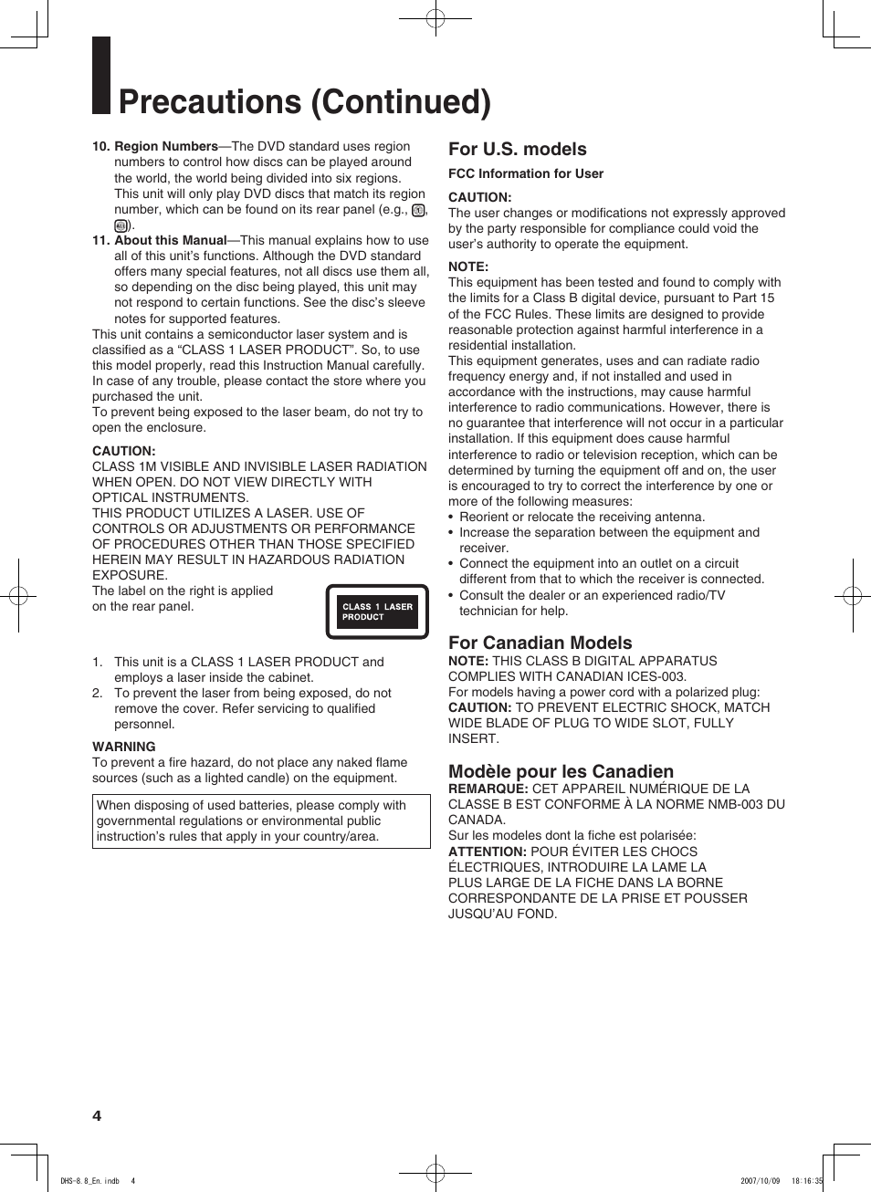 Precautions (continued), For u.s. models, For canadian models | Modèle pour les canadien | Integra DHS-8.8 User Manual | Page 4 / 52