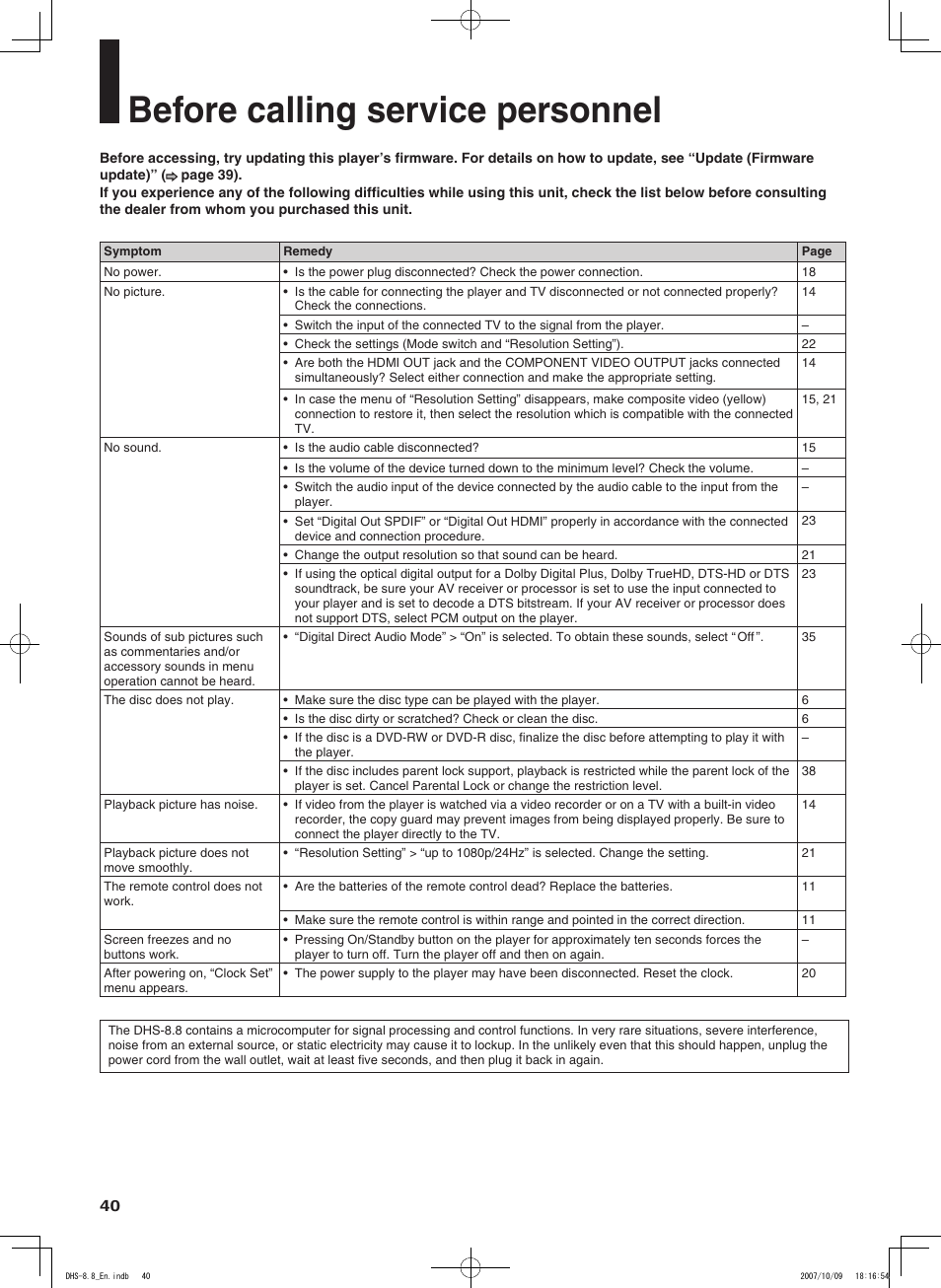 Before calling service personnel | Integra DHS-8.8 User Manual | Page 40 / 52