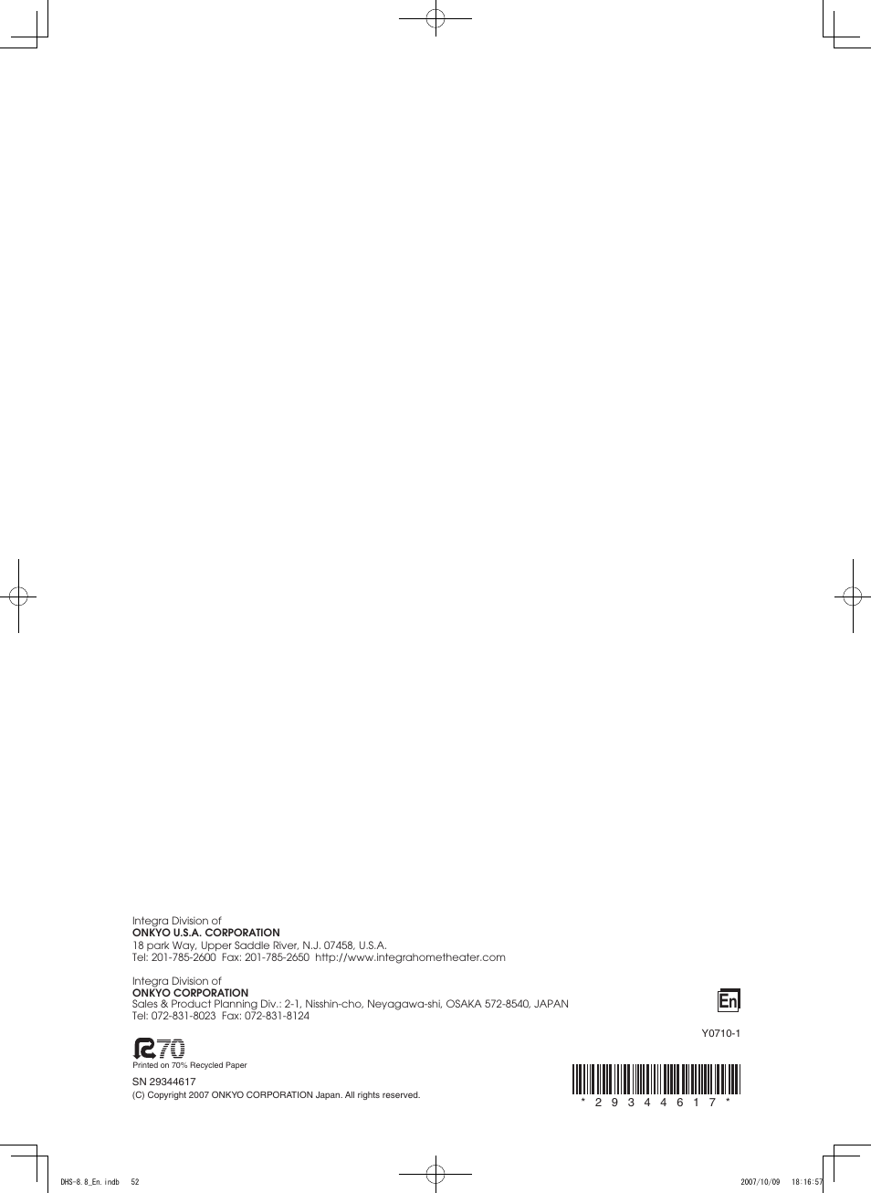 Integra DHS-8.8 User Manual | Page 52 / 52