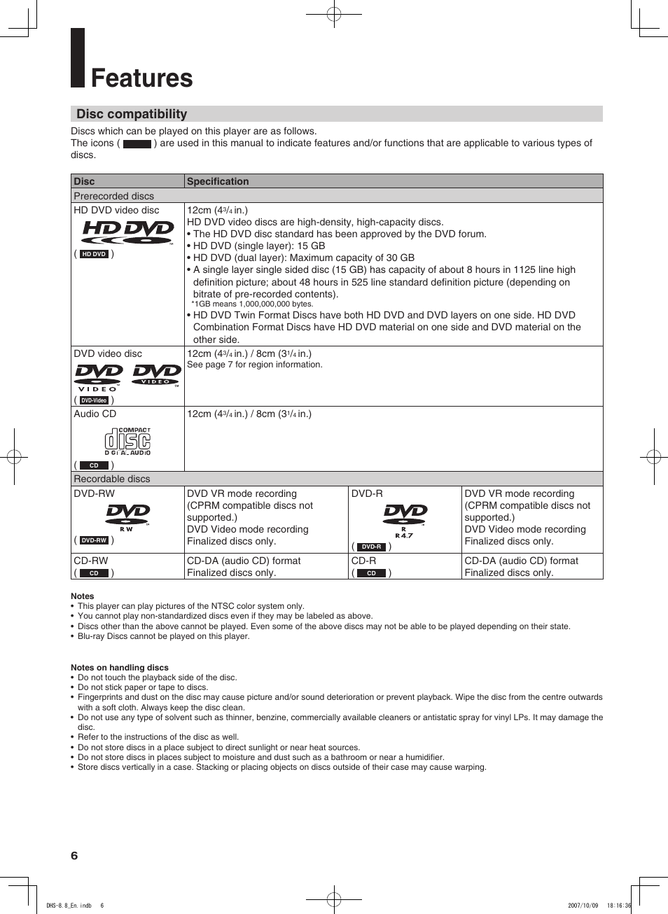 Features, Disc compatibility | Integra DHS-8.8 User Manual | Page 6 / 52