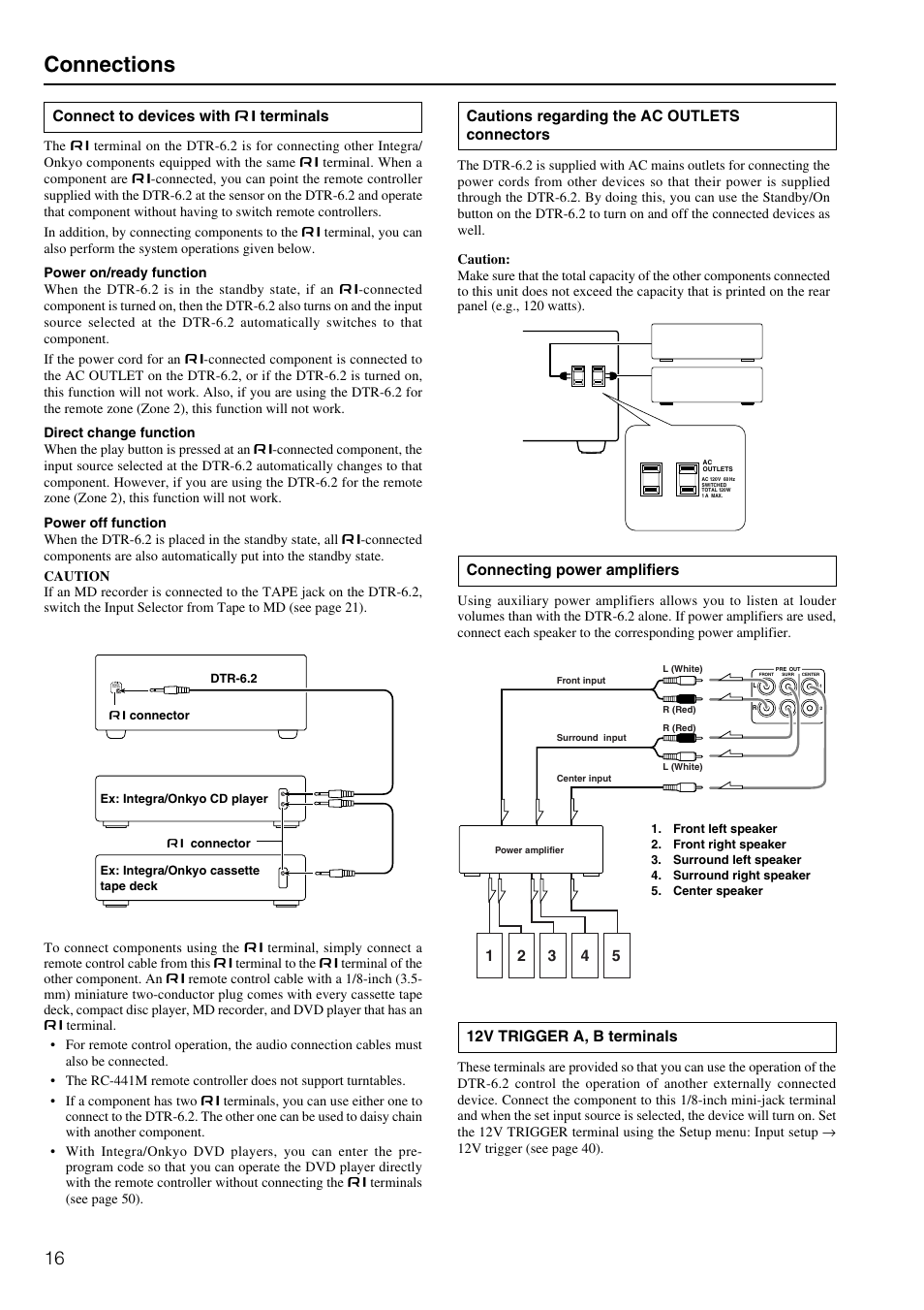 Connections, Cautions regarding the ac outlets connectors, Connect to devices with z terminals | Connecting power amplifiers, 12v trigger a, b terminals | Integra DTR-6.2 User Manual | Page 16 / 64