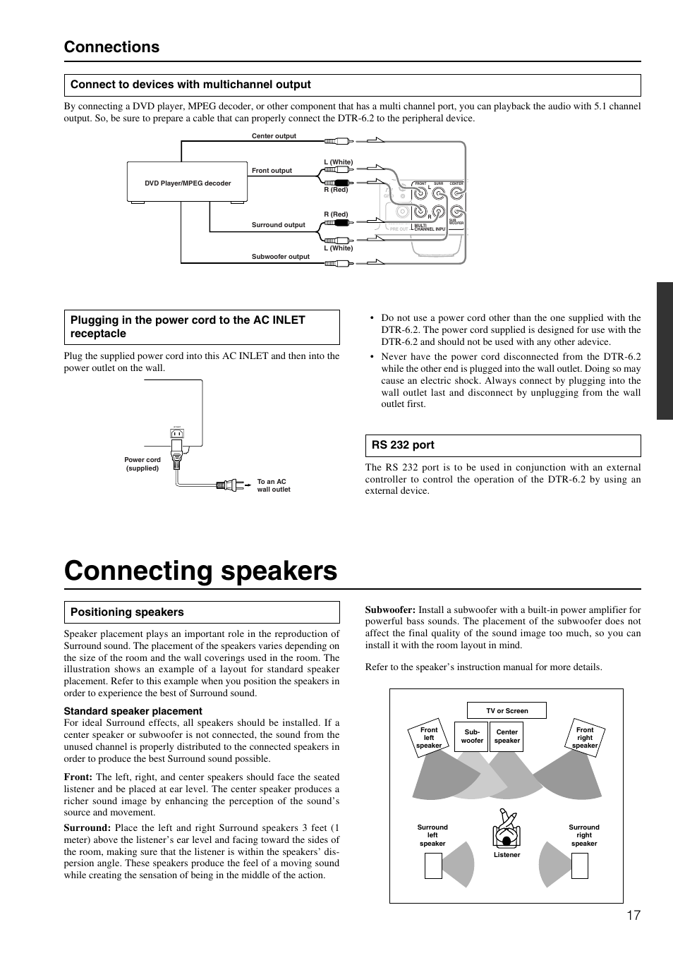 Connecting speakers, Connections, Connect to devices with multichannel output | Positioning speakers, Rs 232 port | Integra DTR-6.2 User Manual | Page 17 / 64