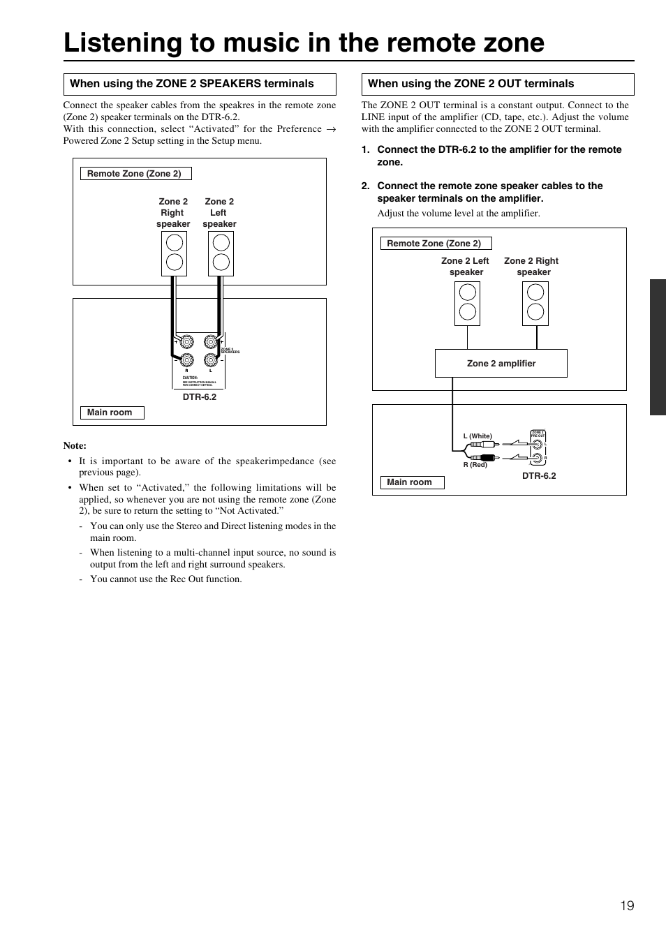Listening to music in the remote zone, When using the zone 2 out terminals, When using the zone 2 speakers terminals | Integra DTR-6.2 User Manual | Page 19 / 64