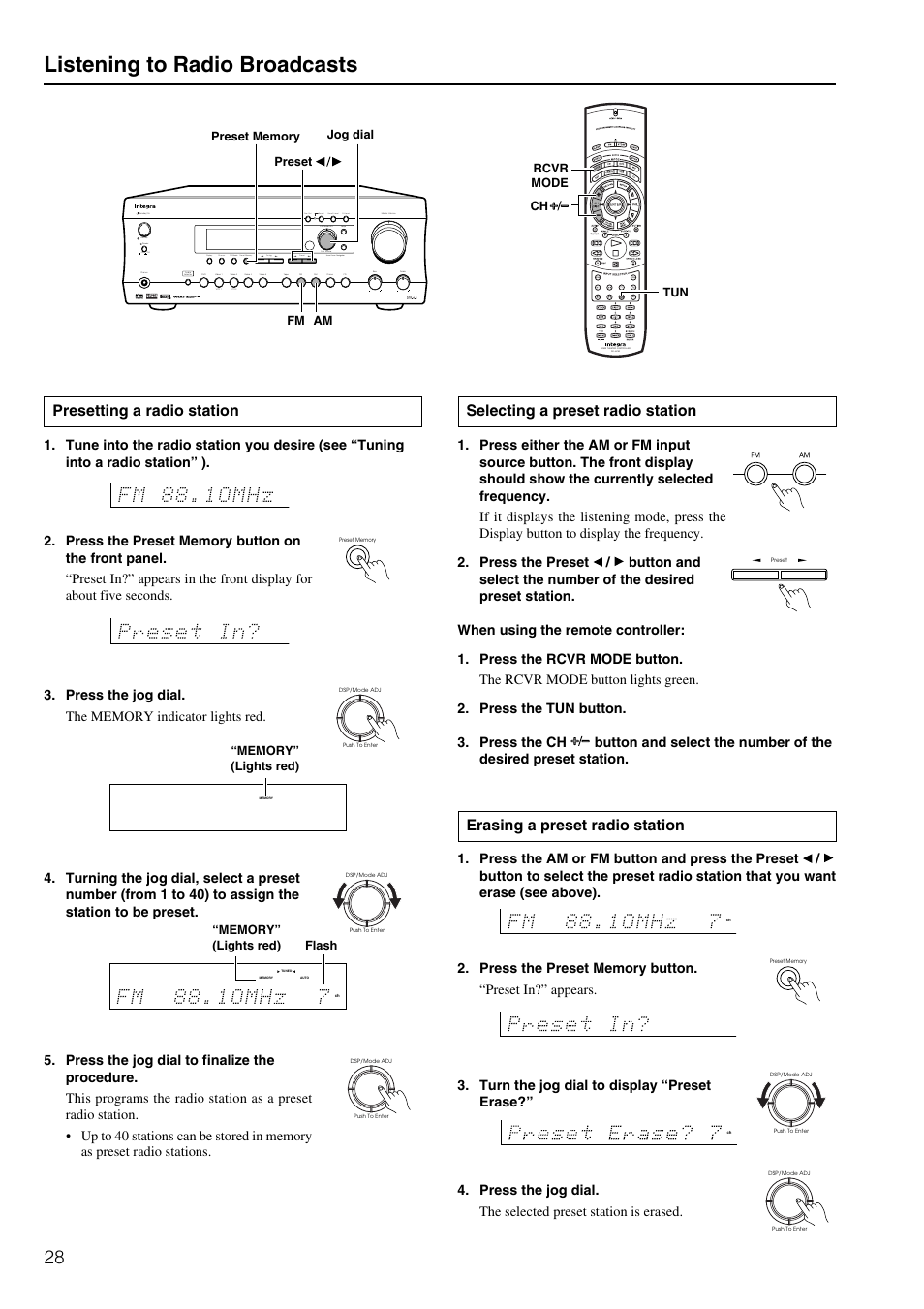 Listening to radio broadcasts, Erasing a preset radio station, Presetting a radio station | Selecting a preset radio station, Standby, On o f f, Push to enter dsp/ mode adj setup return | Integra DTR-6.2 User Manual | Page 28 / 64