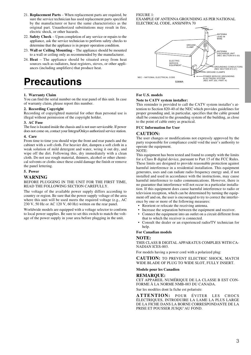 Precautions | Integra DTR-6.2 User Manual | Page 3 / 64