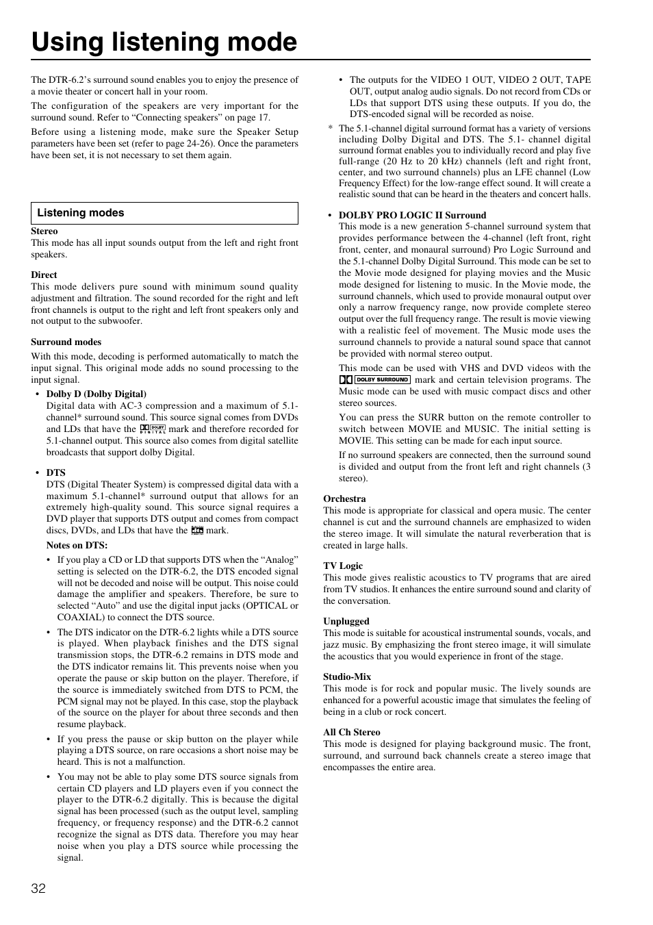 Using listening mode | Integra DTR-6.2 User Manual | Page 32 / 64