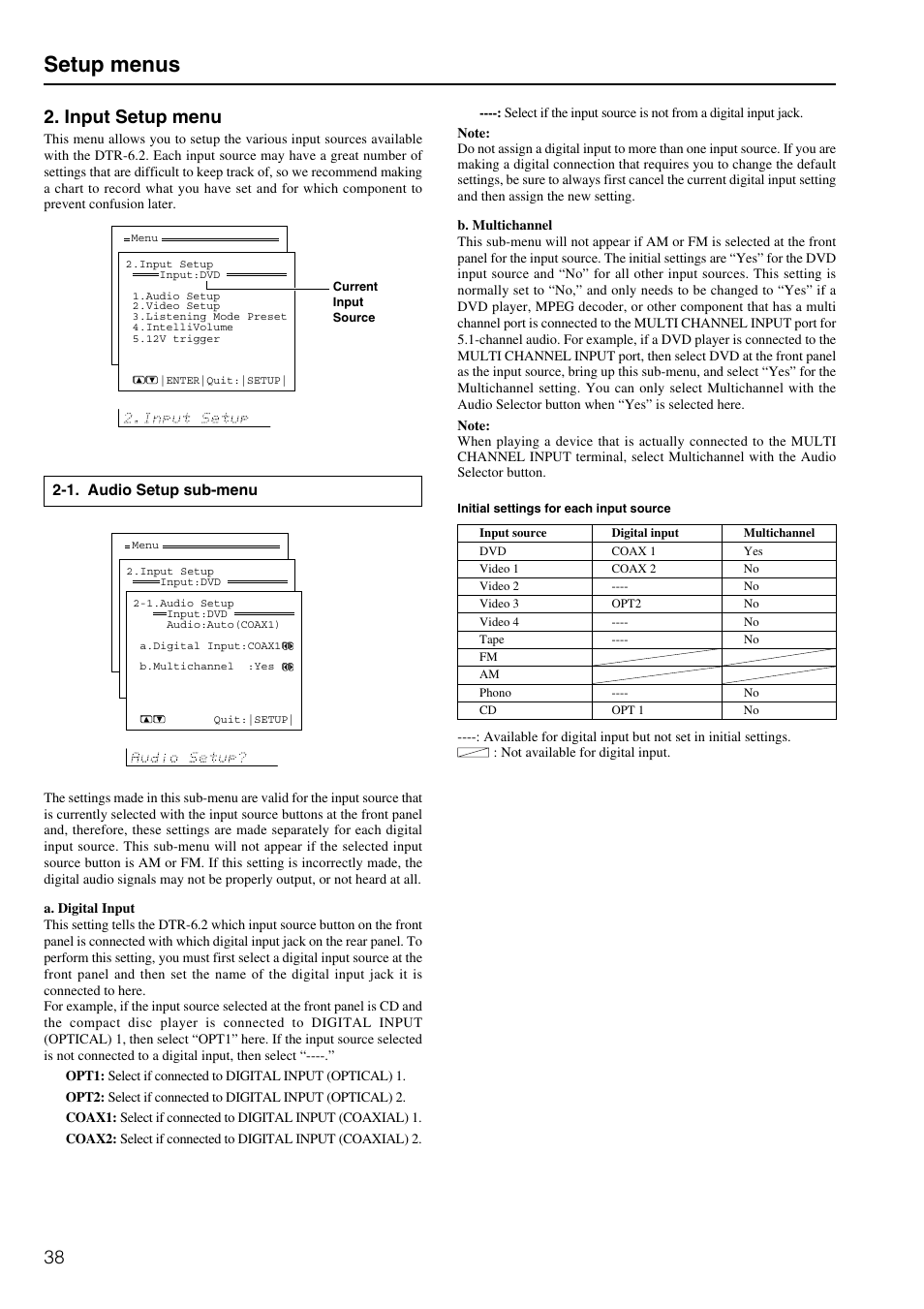 Setup menus, Input setup menu | Integra DTR-6.2 User Manual | Page 38 / 64