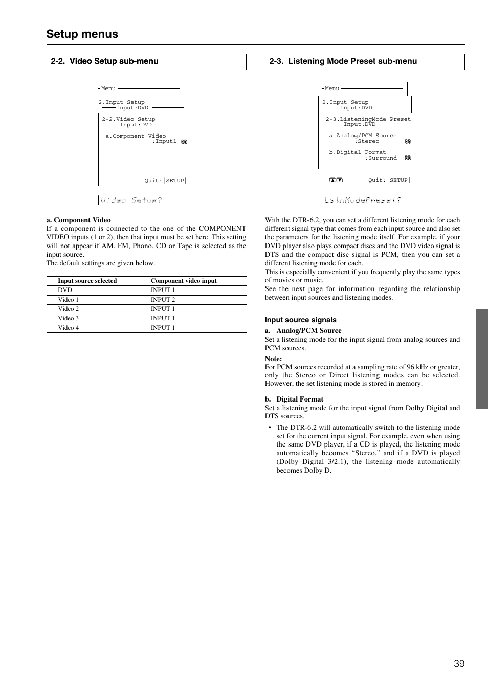 Setup menus | Integra DTR-6.2 User Manual | Page 39 / 64