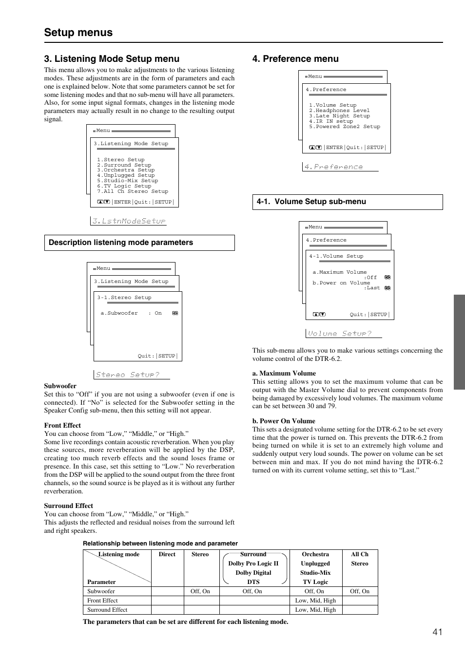 Setup menus, Listening mode setup menu, Preference menu | Description listening mode parameters, 1. volume setup sub-menu | Integra DTR-6.2 User Manual | Page 41 / 64