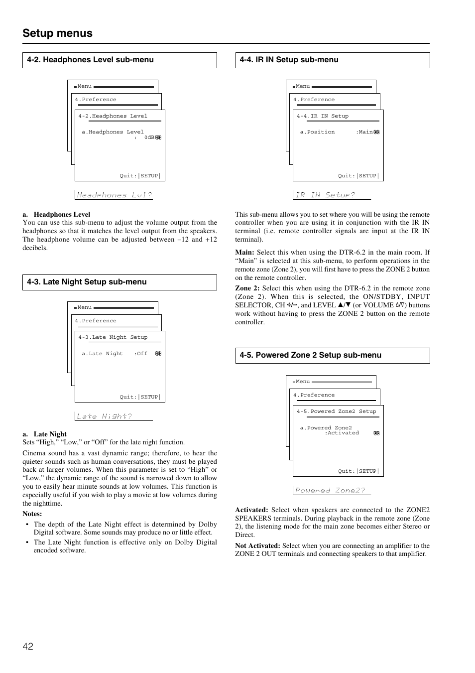 Setup menus, 3. late night setup sub-menu, 5. powered zone 2 setup sub-menu | Integra DTR-6.2 User Manual | Page 42 / 64