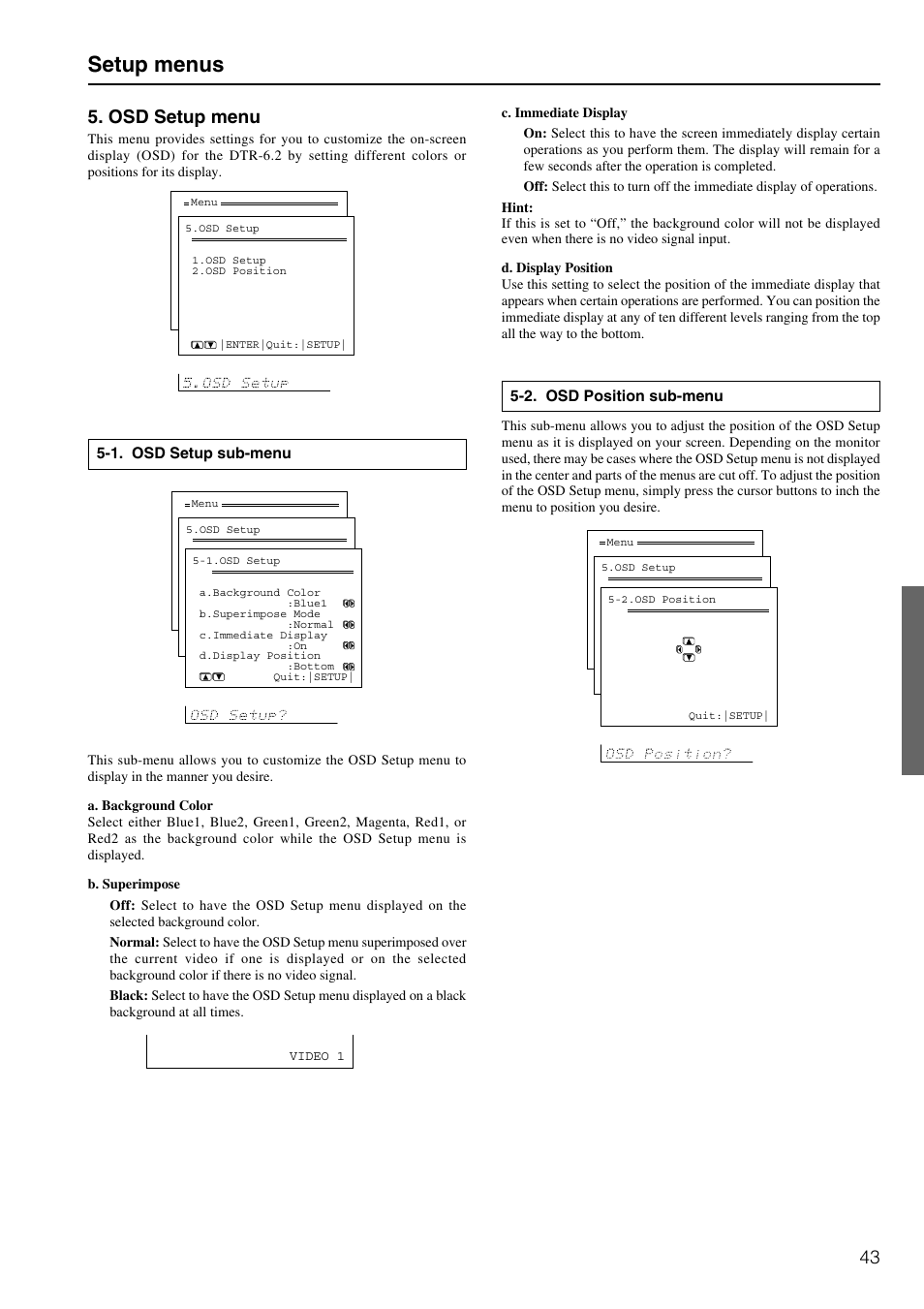 Setup menus, 43 5. osd setup menu | Integra DTR-6.2 User Manual | Page 43 / 64