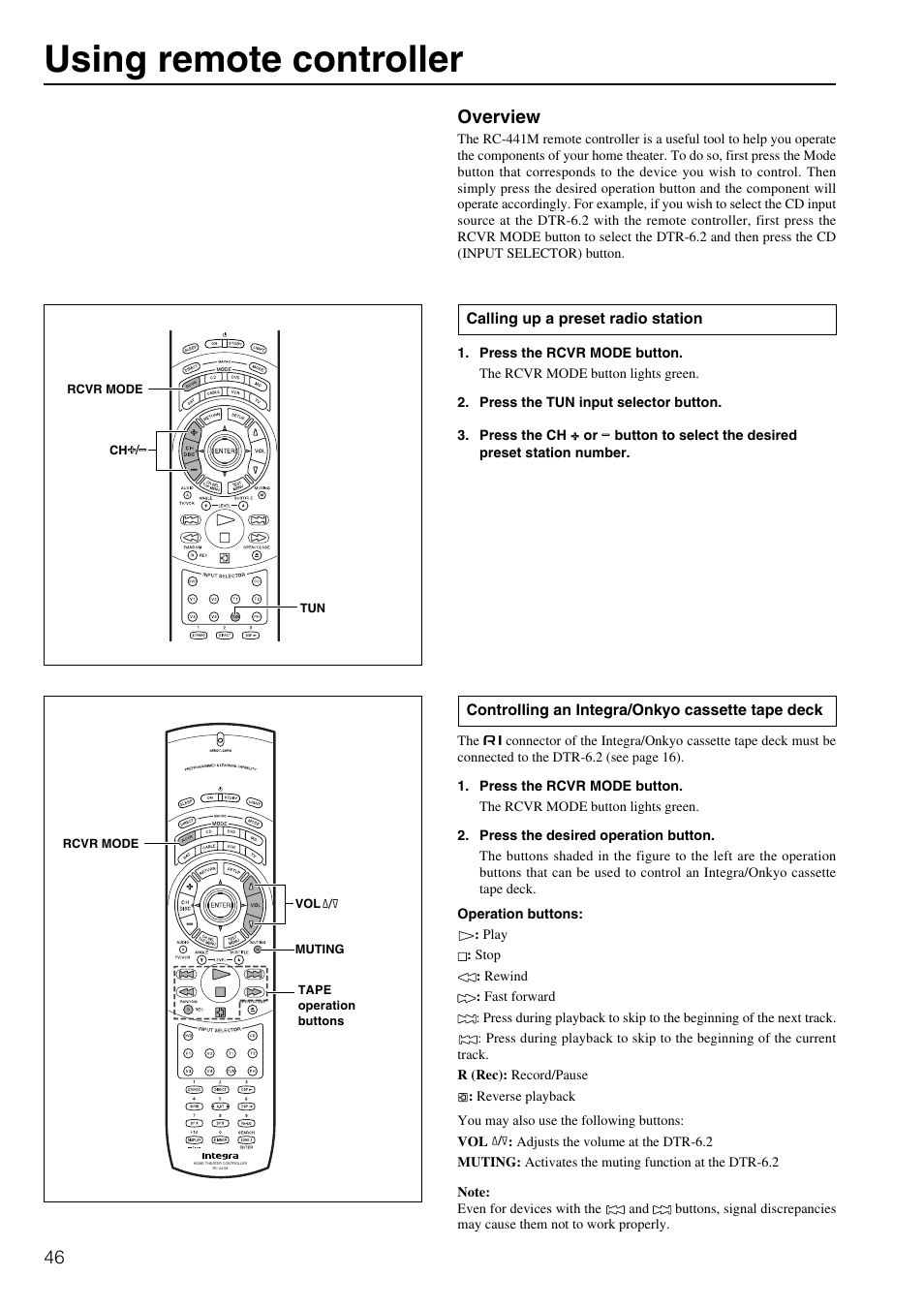 Using remote controller, Overview | Integra DTR-6.2 User Manual | Page 46 / 64