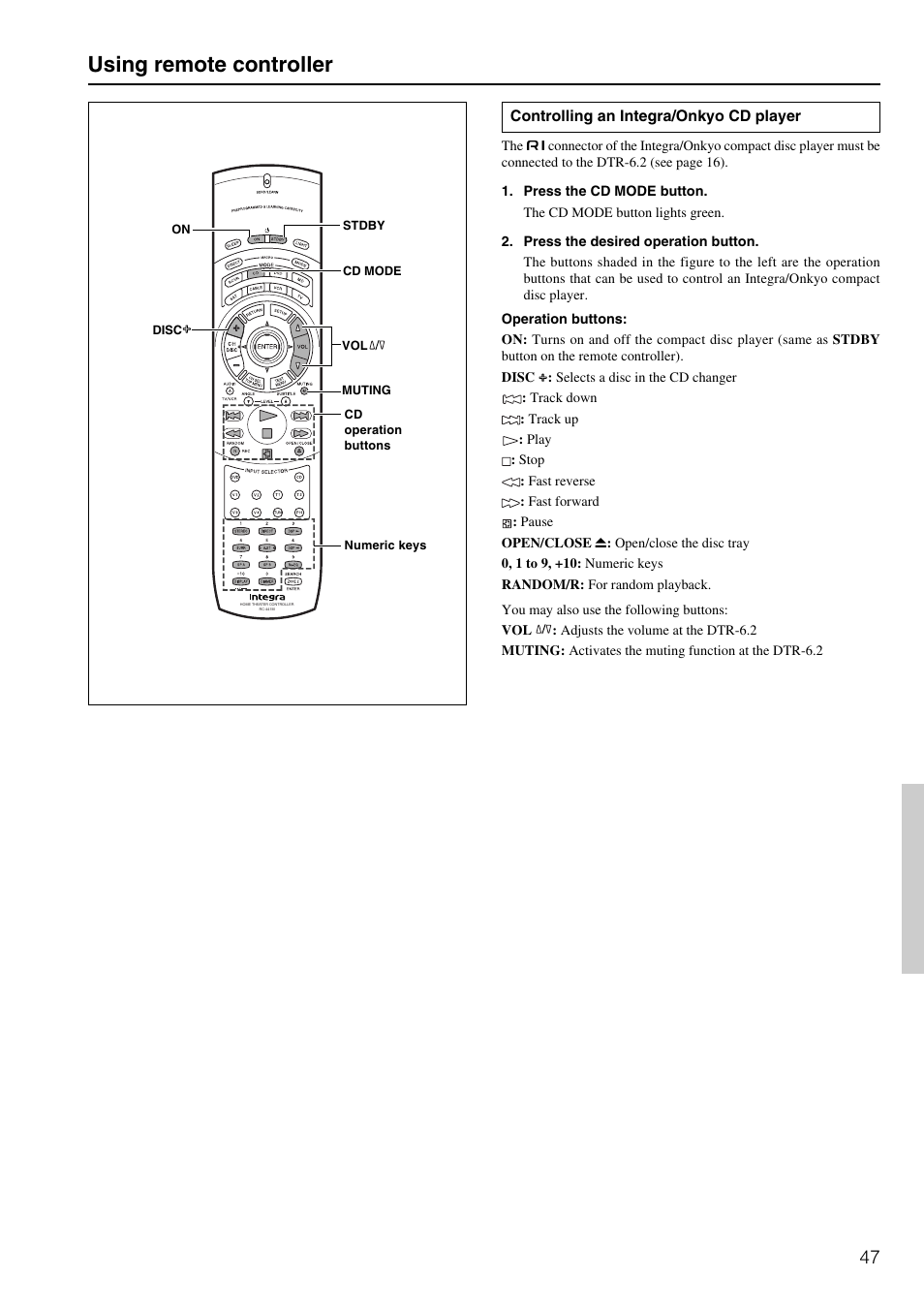 Using remote controller | Integra DTR-6.2 User Manual | Page 47 / 64