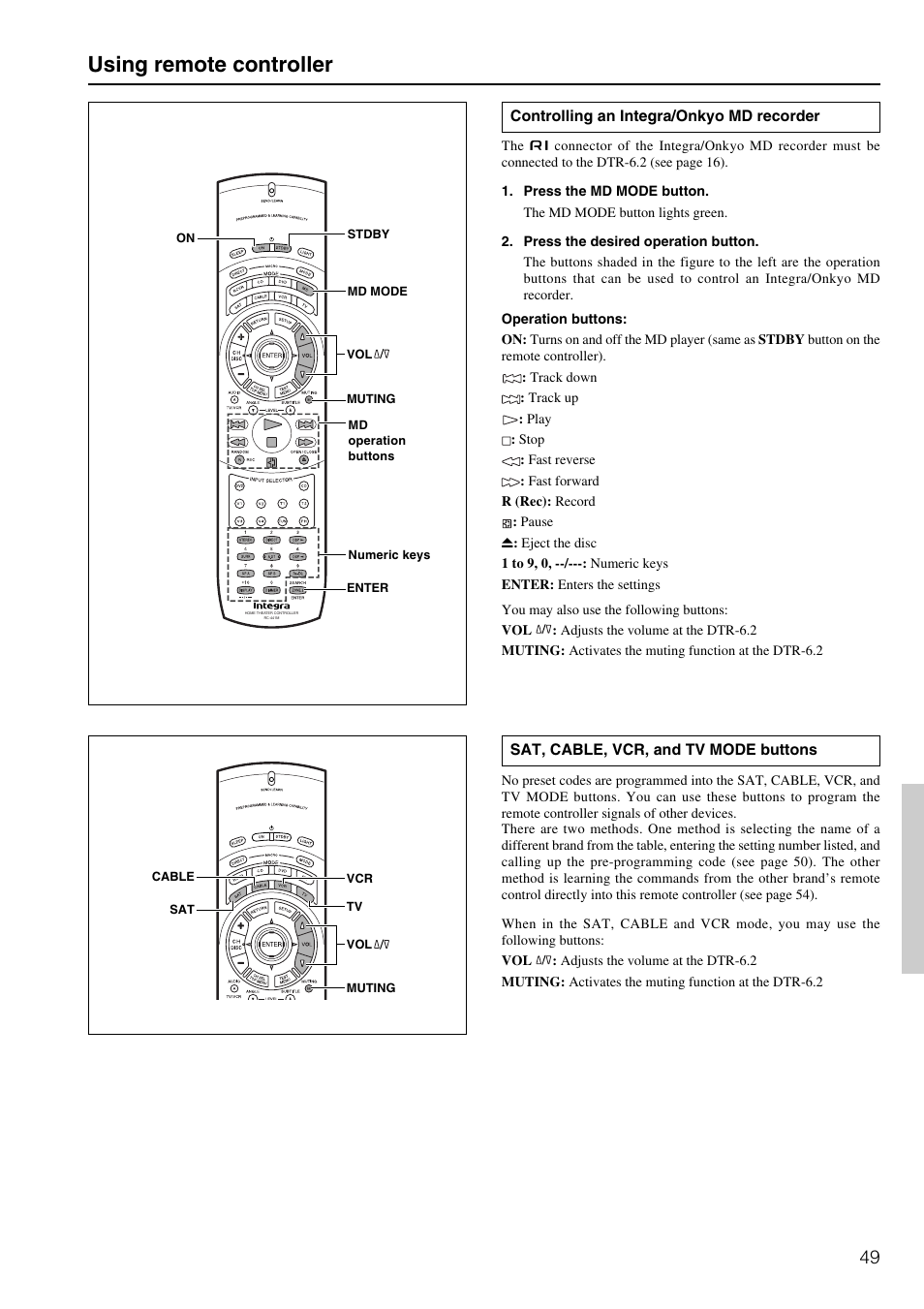 Using remote controller | Integra DTR-6.2 User Manual | Page 49 / 64