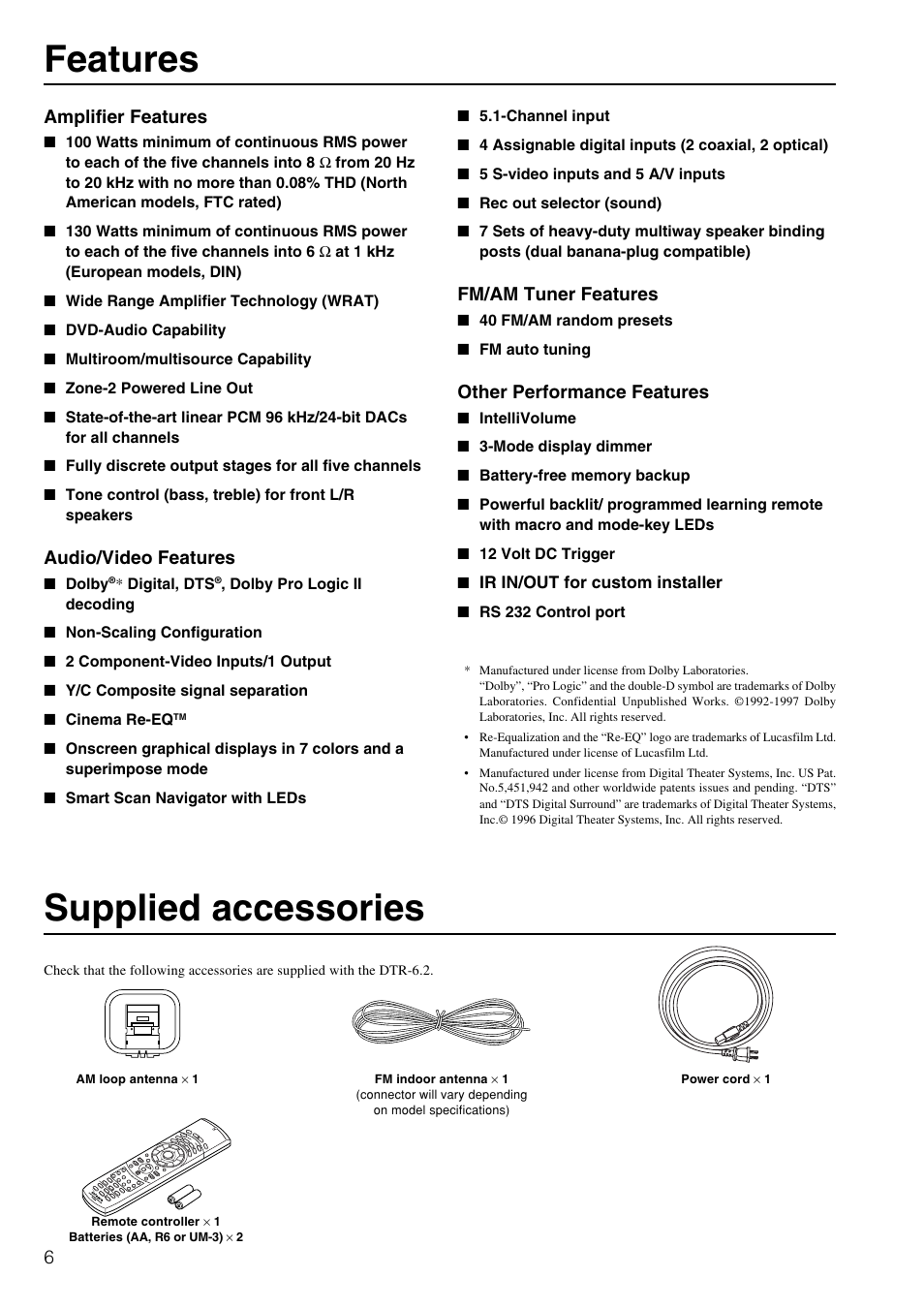 Features, Supplied accessories, Amplifier features | Audio/video features, Fm/am tuner features, Other performance features | Integra DTR-6.2 User Manual | Page 6 / 64