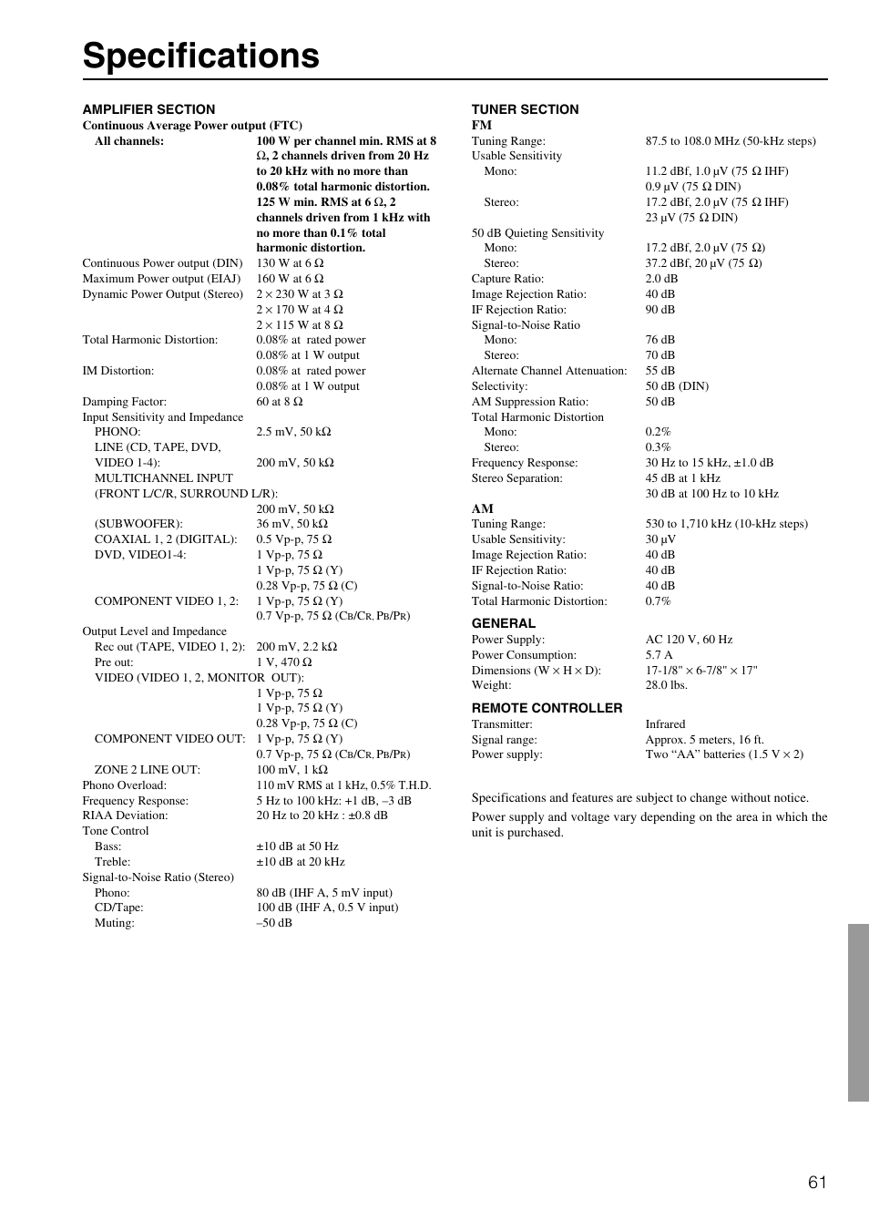 Specifications | Integra DTR-6.2 User Manual | Page 61 / 64