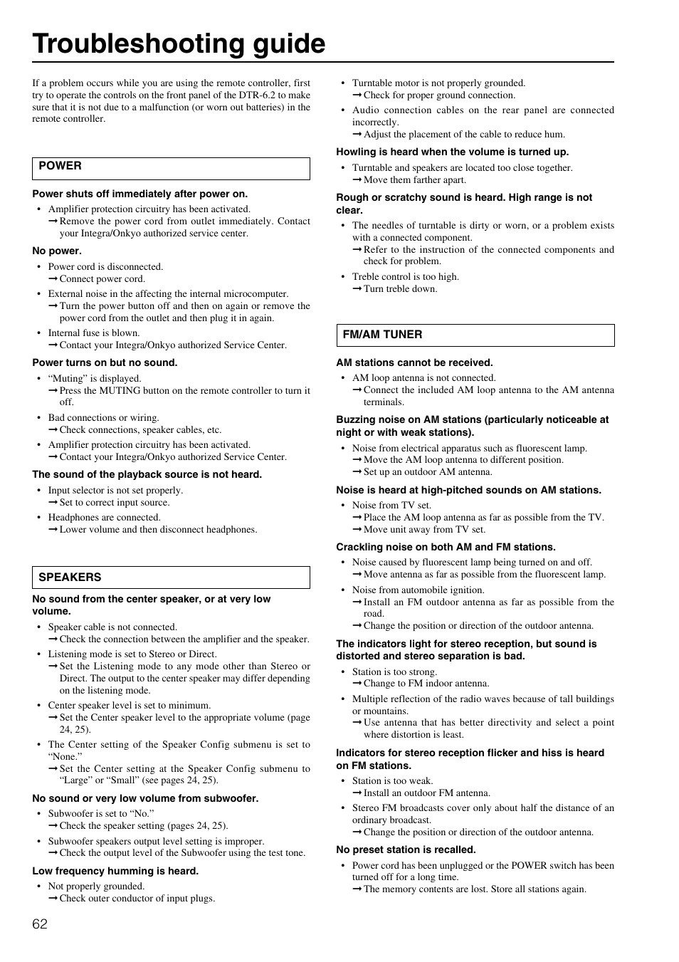 Troubleshooting guide | Integra DTR-6.2 User Manual | Page 62 / 64