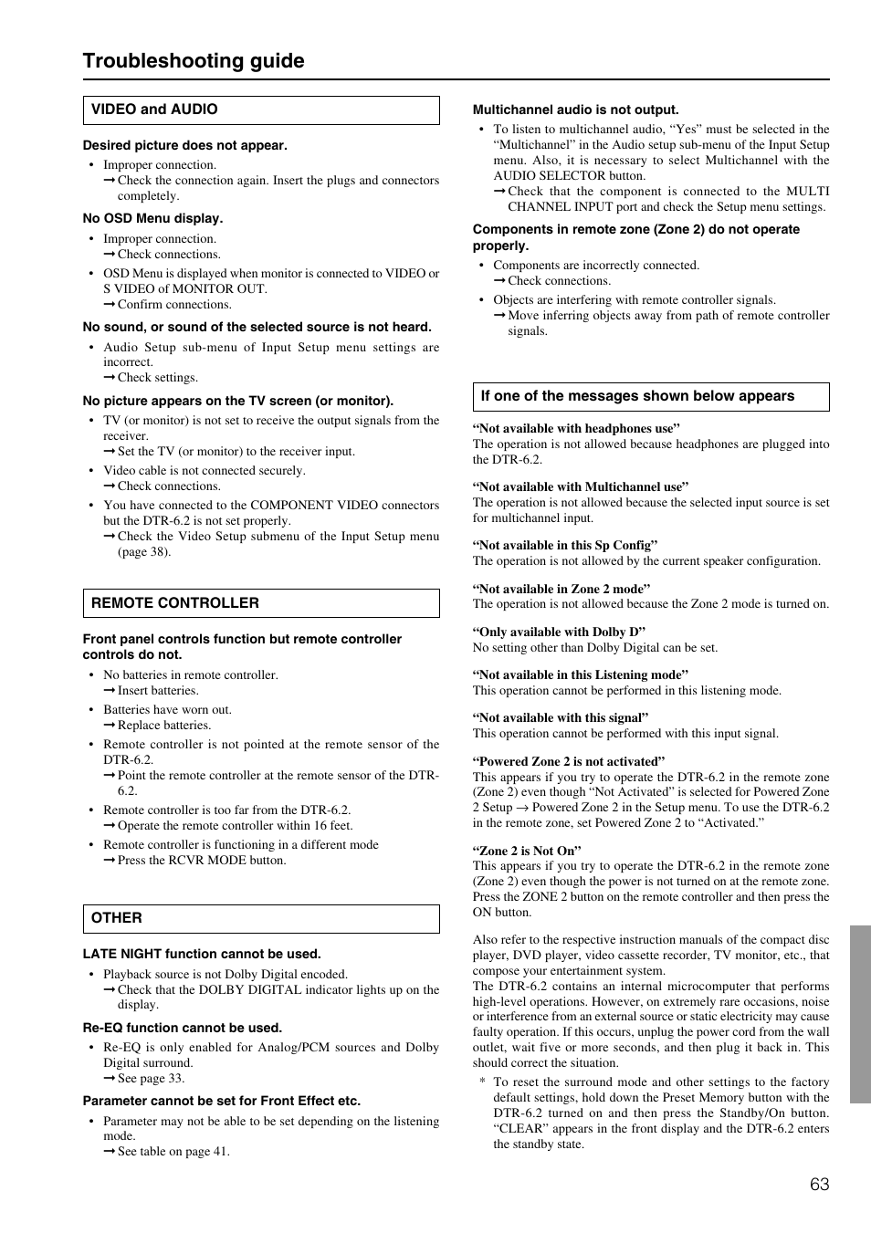 Troubleshooting guide | Integra DTR-6.2 User Manual | Page 63 / 64