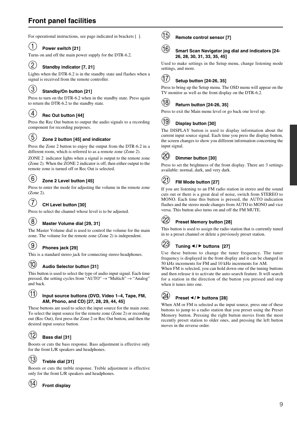 Front panel facilities | Integra DTR-6.2 User Manual | Page 9 / 64