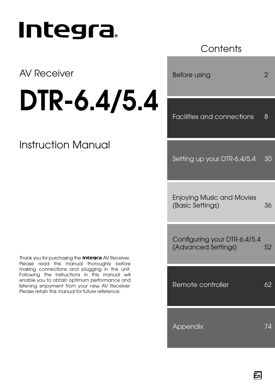 Integra DTR-6.4/5.4 User Manual | 80 pages