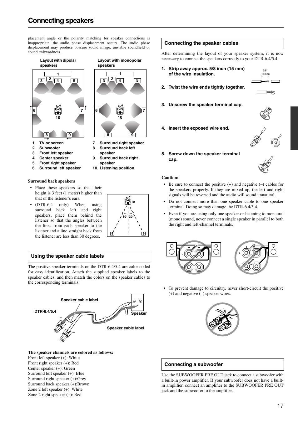 Connecting speakers, Using the speaker cable labels | Integra DTR-6.4/5.4 User Manual | Page 17 / 80