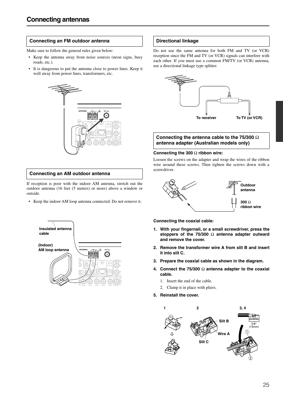 Connecting antennas, Indoor) am loop antenna insulated antenna cable, Wire a slit c slit b | Integra DTR-6.4/5.4 User Manual | Page 25 / 80