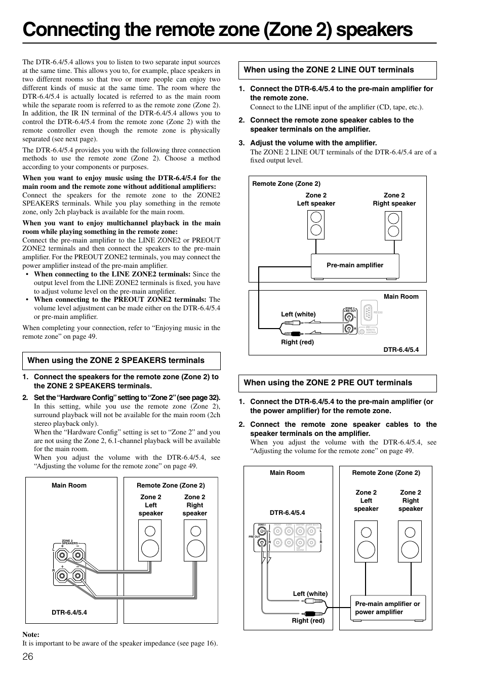 Connecting the remote zone (zone 2) speakers, When using the zone 2 speakers terminals | Integra DTR-6.4/5.4 User Manual | Page 26 / 80