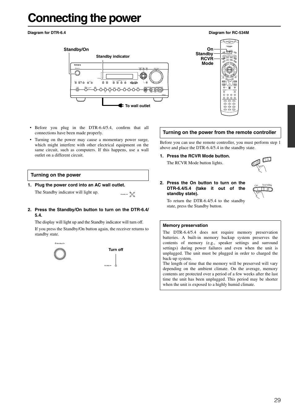 Connecting the power, Turning on the power, Turning on the power from the remote controller | On rcvr mode standby/on standby, Turn off | Integra DTR-6.4/5.4 User Manual | Page 29 / 80