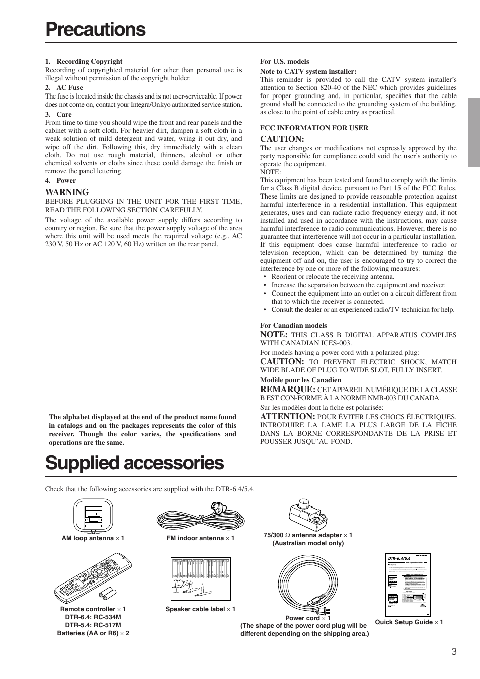 Precautions, Supplied accessories, Warning | Caution, Remarque, Attention, Speaker cable | Integra DTR-6.4/5.4 User Manual | Page 3 / 80