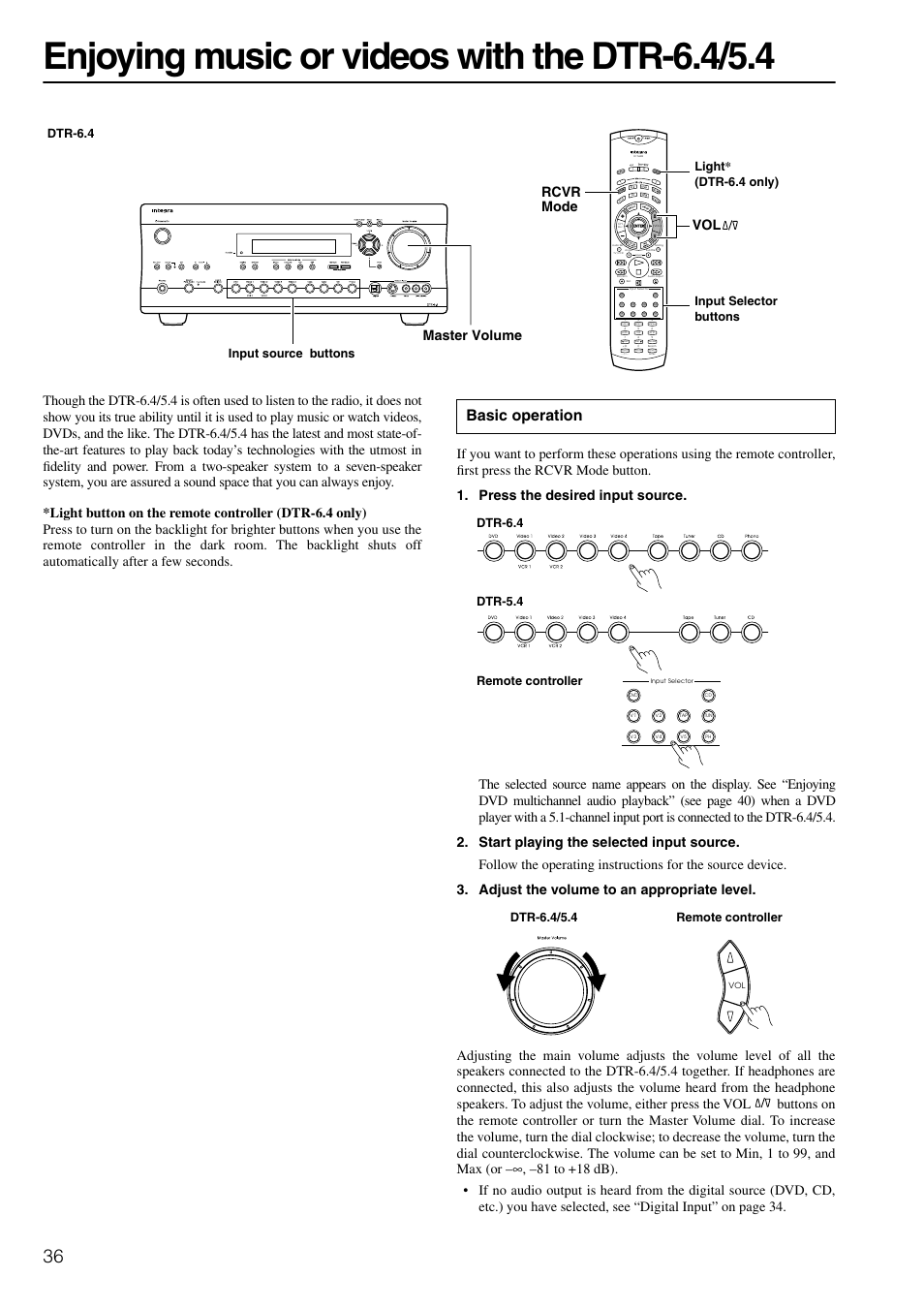 Enjoying music or videos with the dtr-6.4/5.4, Basic operation, Master volume vol rcvr mode | Dtr-6.4 dtr-5.4 remote controller, Dtr-6.4/5.4 remote controller | Integra DTR-6.4/5.4 User Manual | Page 36 / 80
