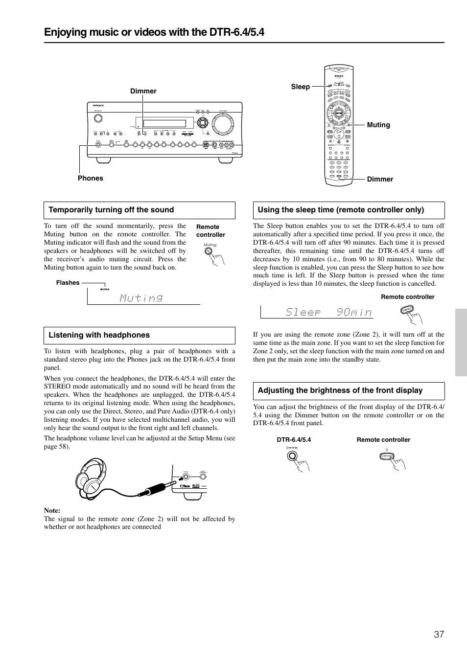 Enjoying music or videos with the dtr-6.4/5.4, Remote controller flashes, Remote controller | Dtr-6.4/5.4 remote controller | Integra DTR-6.4/5.4 User Manual | Page 37 / 80