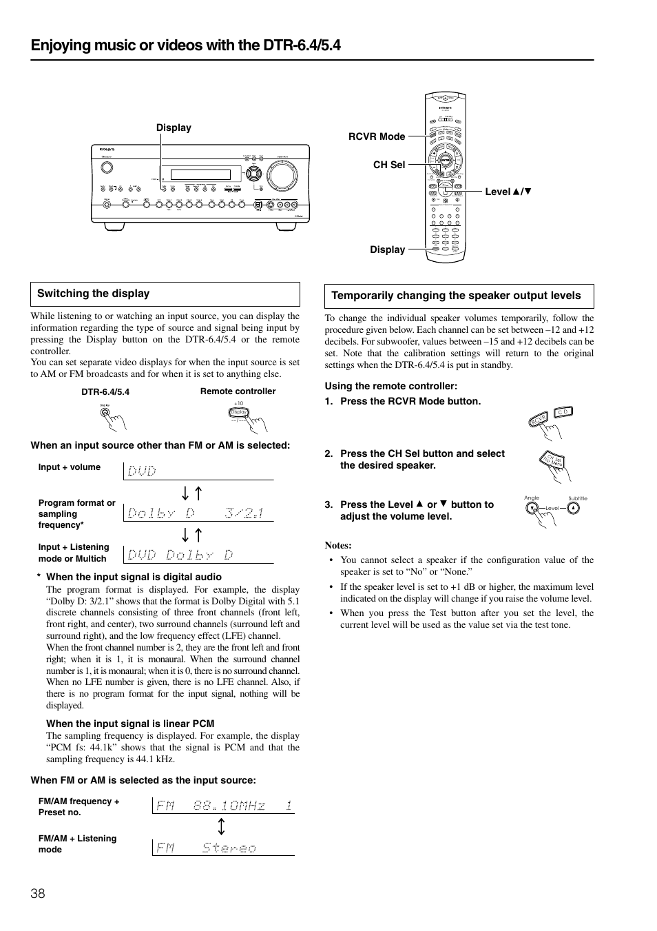 Enjoying music or videos with the dtr-6.4/5.4, Switching the display, Temporarily changing the speaker output levels | Integra DTR-6.4/5.4 User Manual | Page 38 / 80