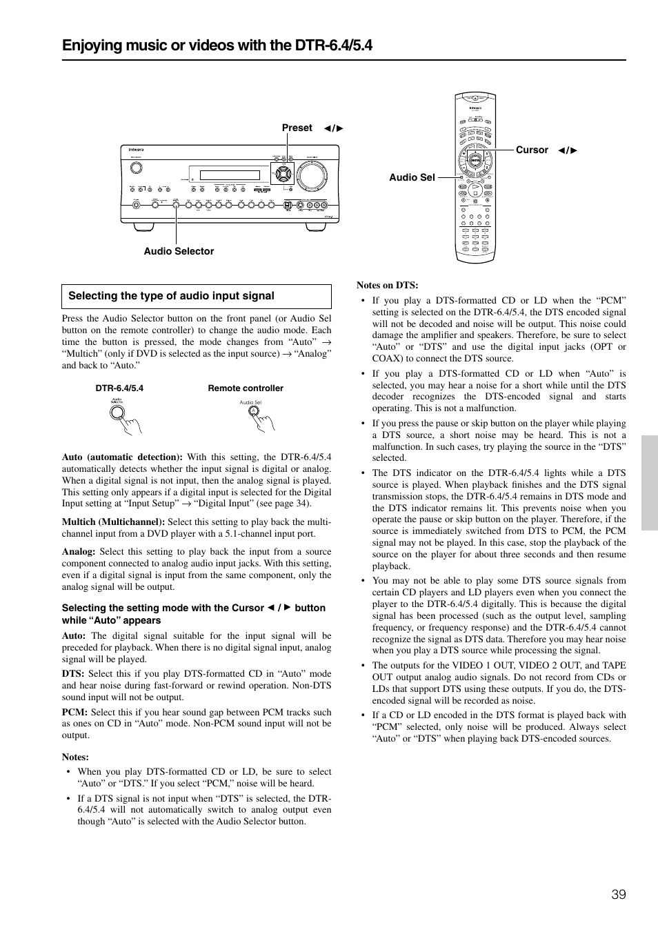 Enjoying music or videos with the dtr-6.4/5.4, Selecting the type of audio input signal, Dtr-6.4/5.4 remote controller | Integra DTR-6.4/5.4 User Manual | Page 39 / 80