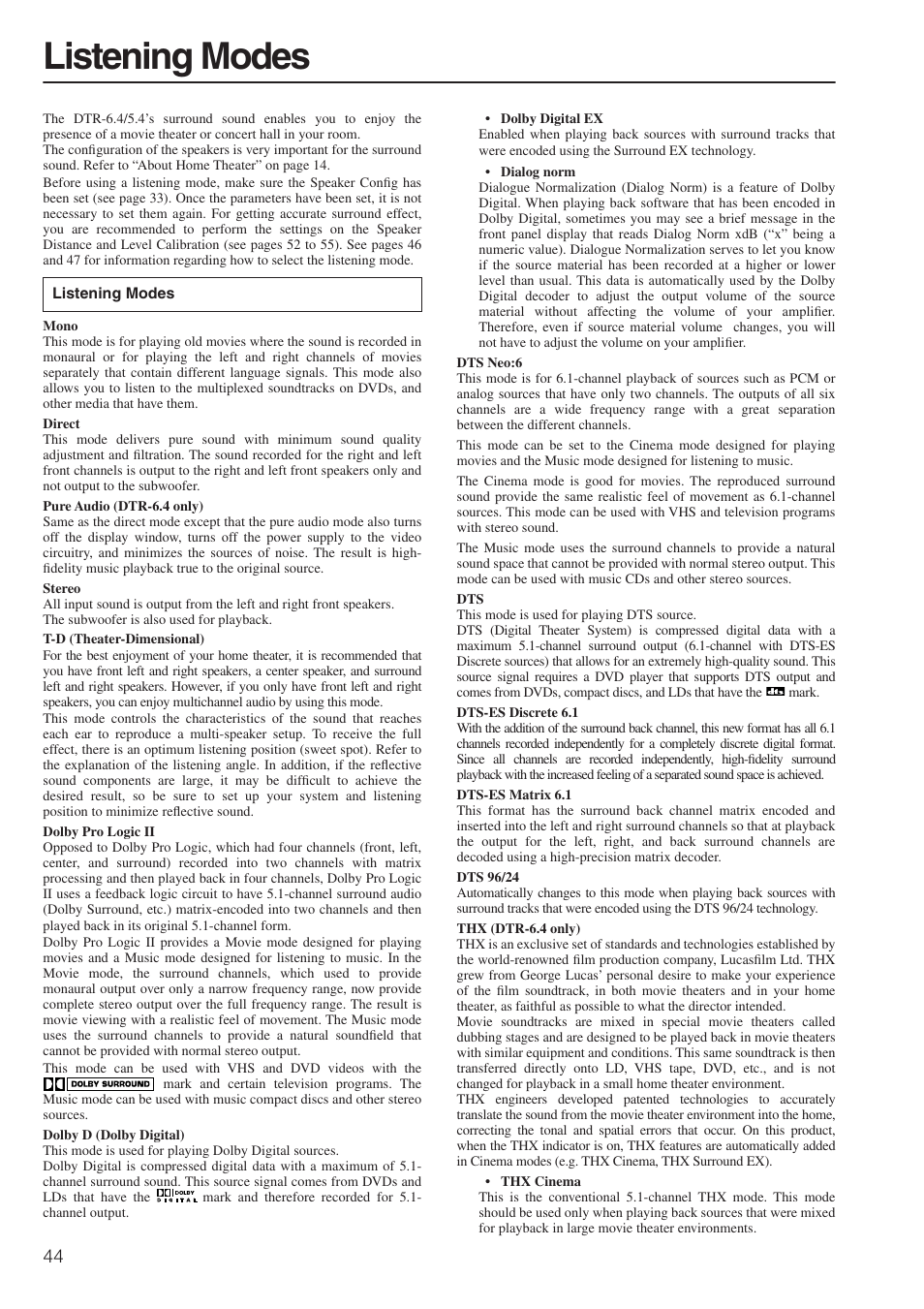 Listening modes | Integra DTR-6.4/5.4 User Manual | Page 44 / 80