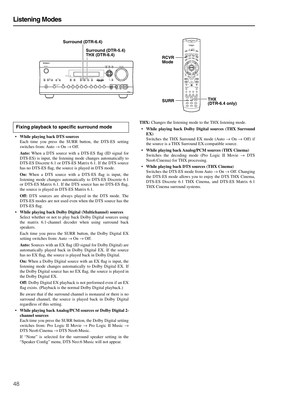 Listening modes, Fixing playback to specific surround mode | Integra DTR-6.4/5.4 User Manual | Page 48 / 80