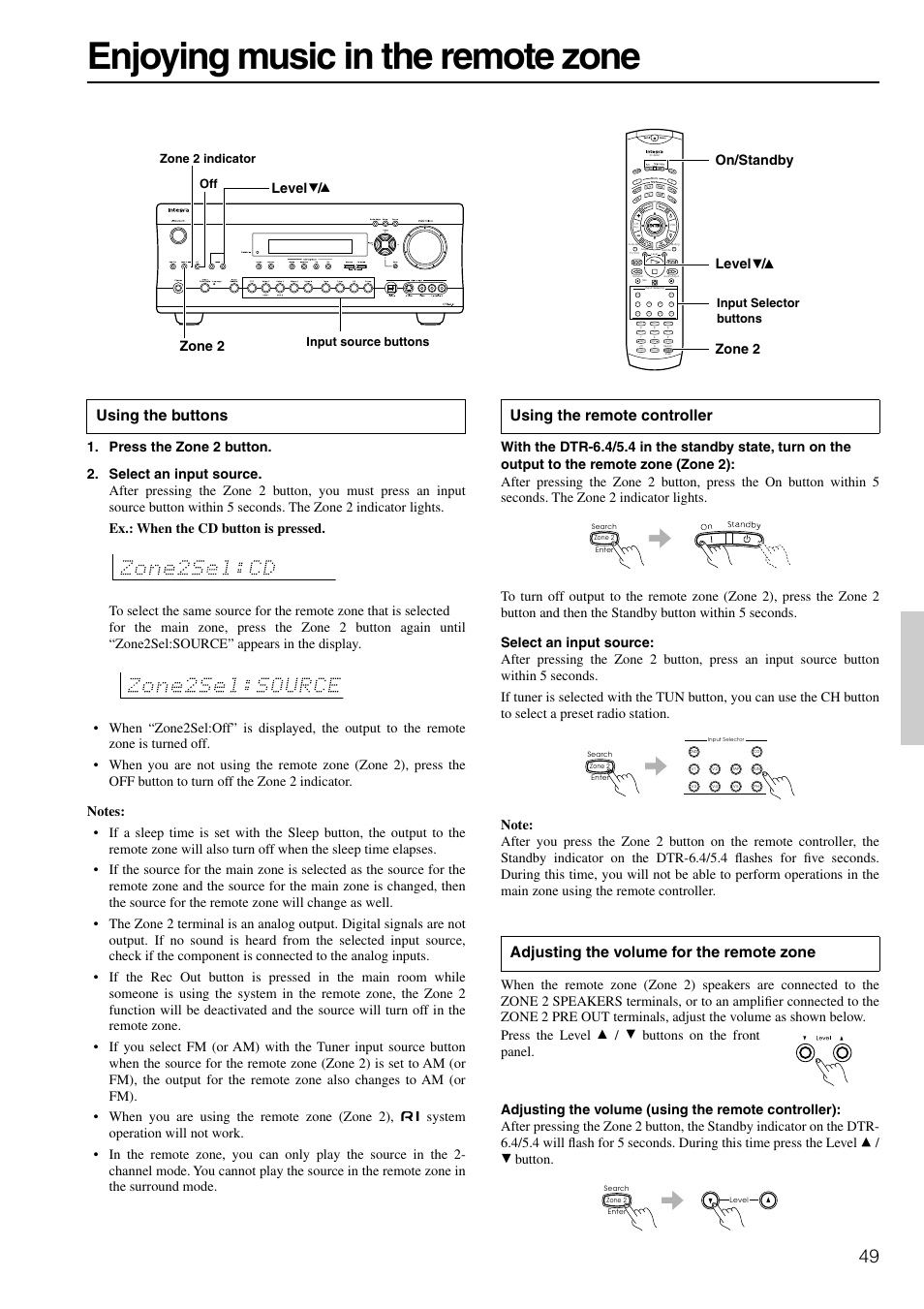 Enjoying music in the remote zone, Using the buttons, Zone 2 on/standby level / level / zone 2 | Integra DTR-6.4/5.4 User Manual | Page 49 / 80