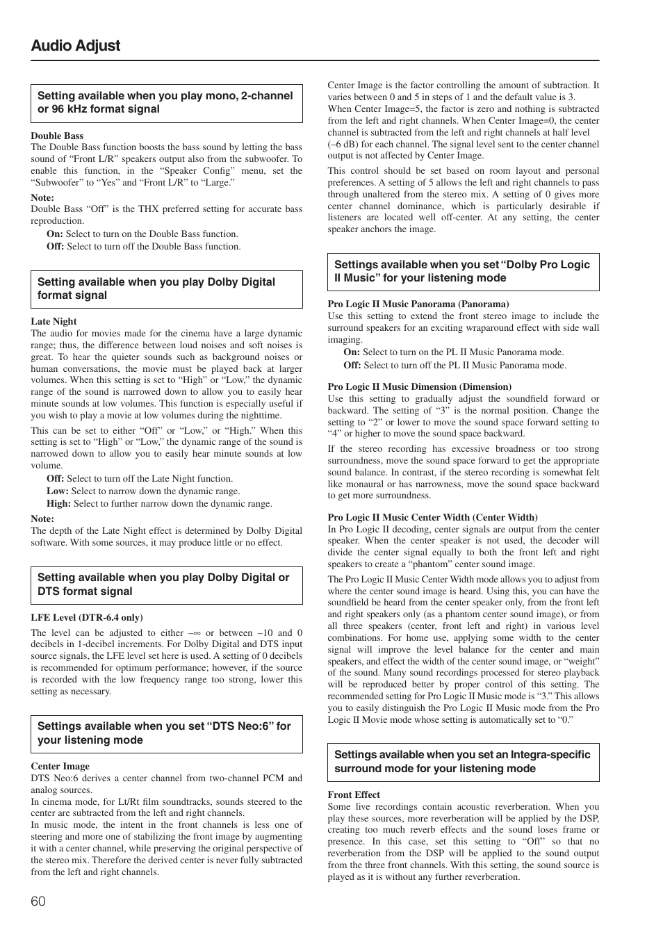 Audio adjust | Integra DTR-6.4/5.4 User Manual | Page 60 / 80