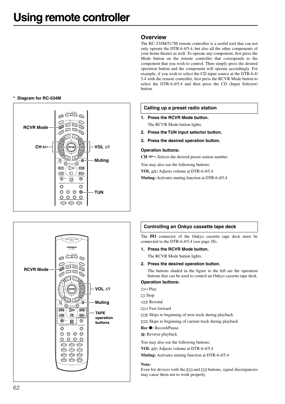 Using remote controller, Overview, Diagram for rc-534m | Rcvr mode tun ch vol muting, Rcvr mode vol muting, Tape operation buttons | Integra DTR-6.4/5.4 User Manual | Page 62 / 80