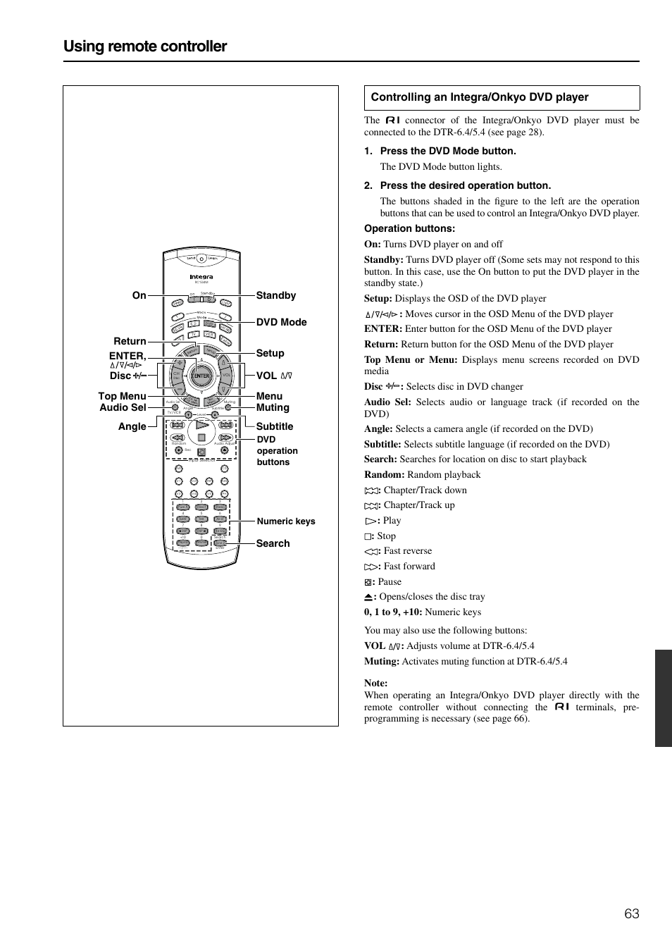 Using remote controller, Controlling an integra/onkyo dvd player | Integra DTR-6.4/5.4 User Manual | Page 63 / 80