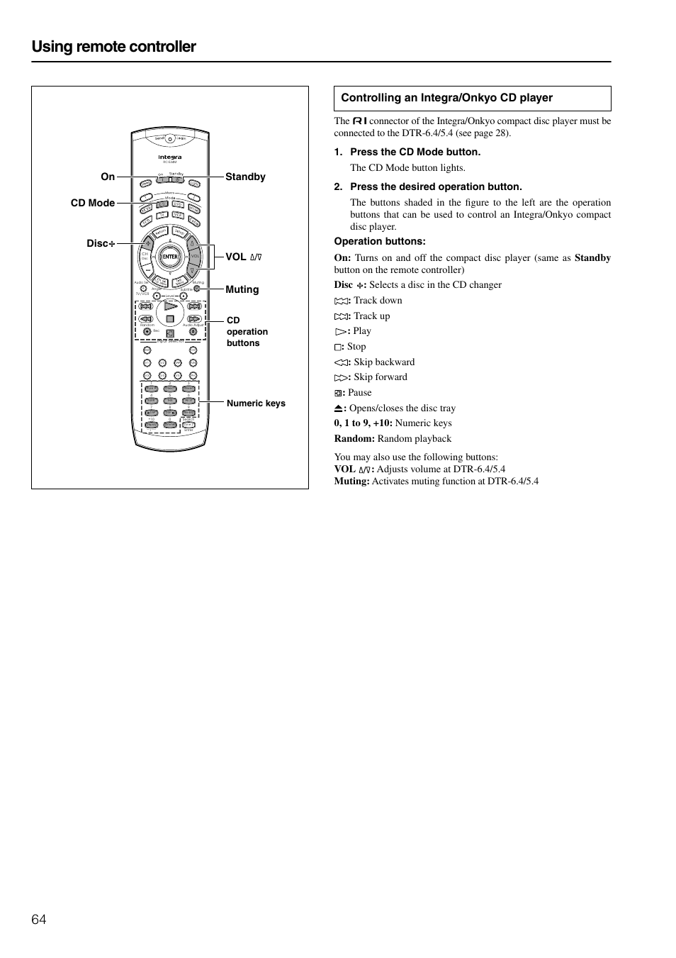 Using remote controller, Controlling an integra/onkyo cd player, Muting vol on standby cd mode disc | Numeric keys cd operation buttons | Integra DTR-6.4/5.4 User Manual | Page 64 / 80