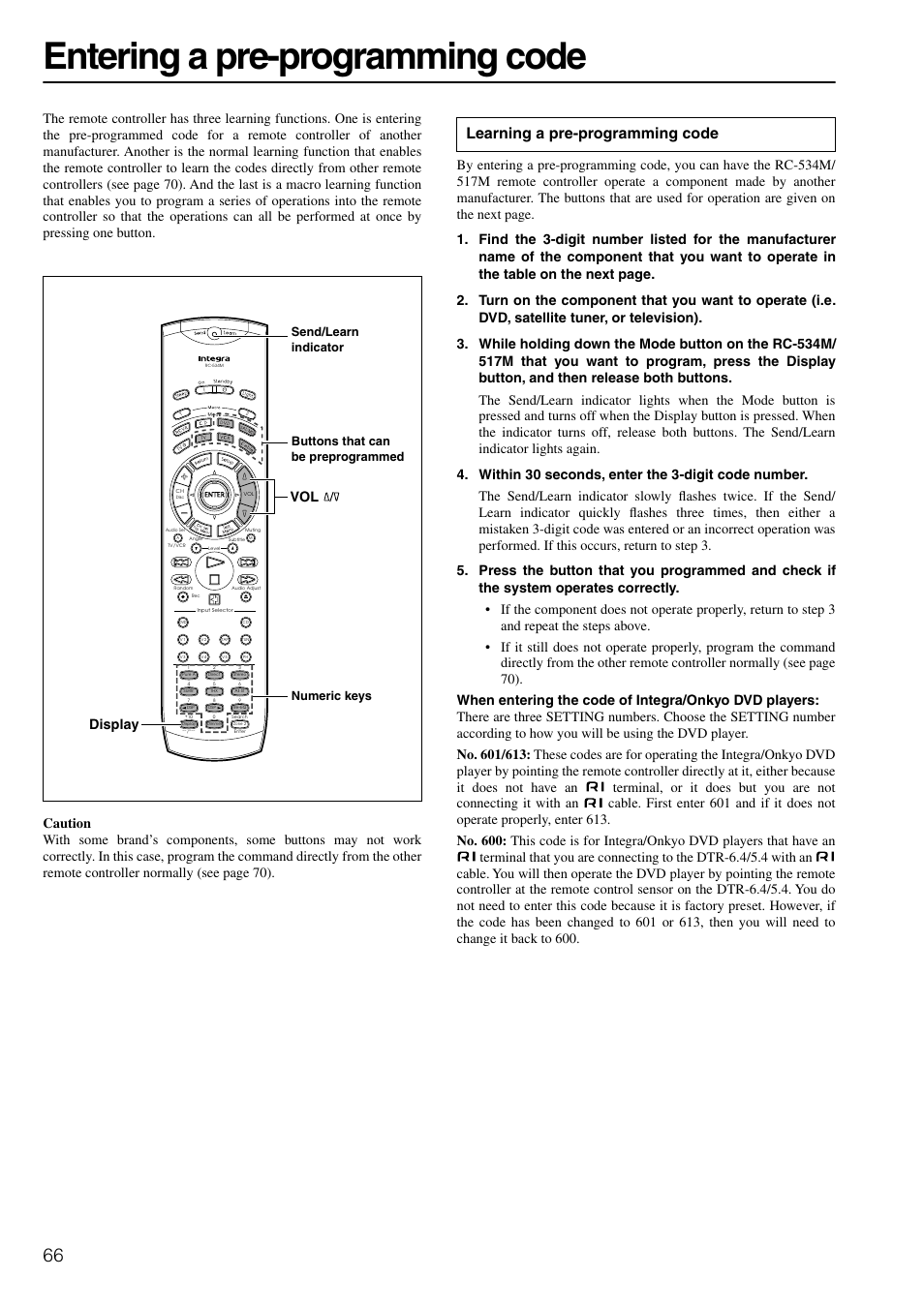 Entering a pre-programming code, Learning a pre-programming code, Vol display | Integra DTR-6.4/5.4 User Manual | Page 66 / 80