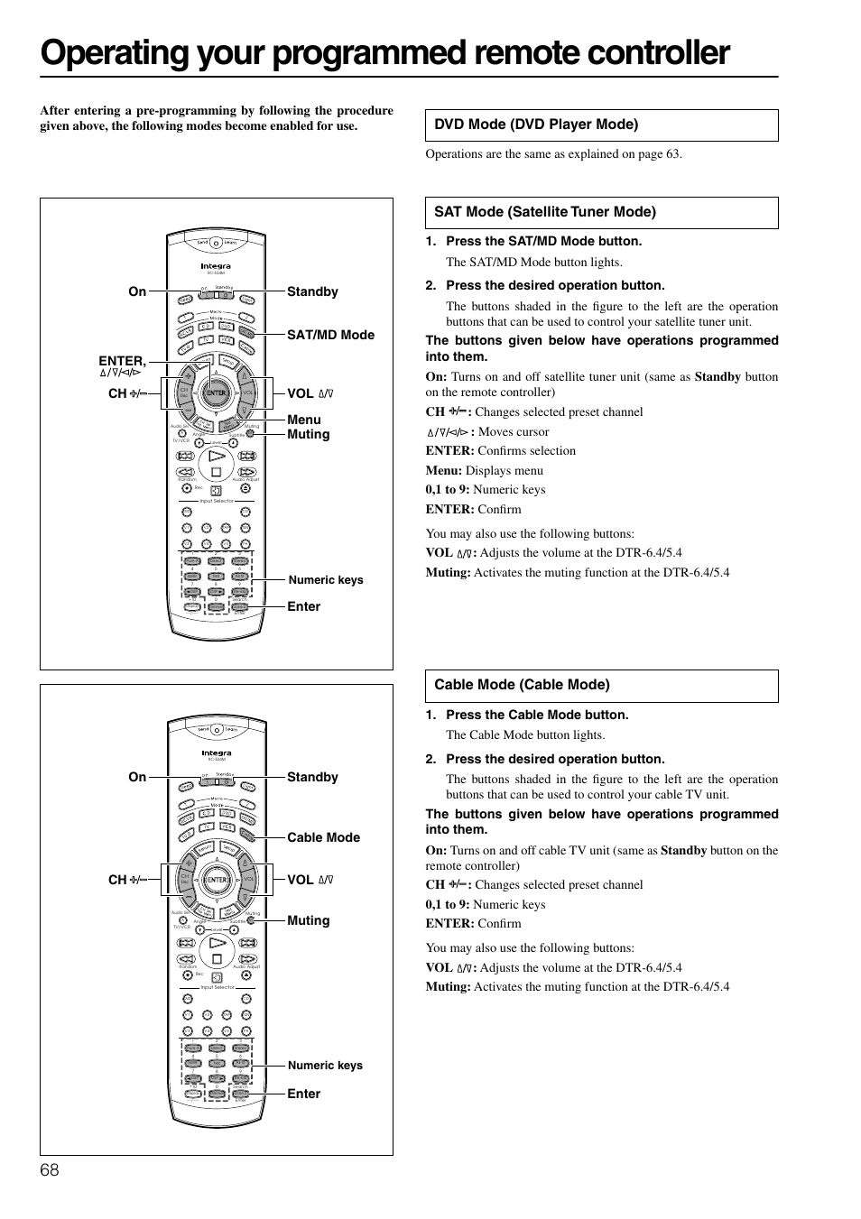 Operating your programmed remote controller, Vol on standby muting ch enter cable mode, Numeric keys | Integra DTR-6.4/5.4 User Manual | Page 68 / 80