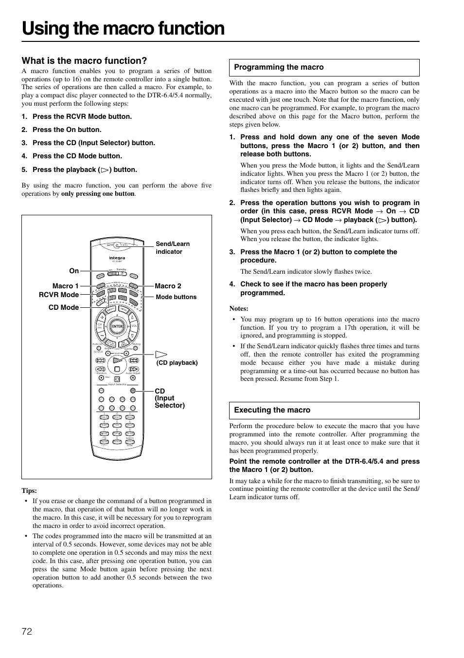 Using the macro function, What is the macro function, Programming the macro executing the macro | Integra DTR-6.4/5.4 User Manual | Page 72 / 80