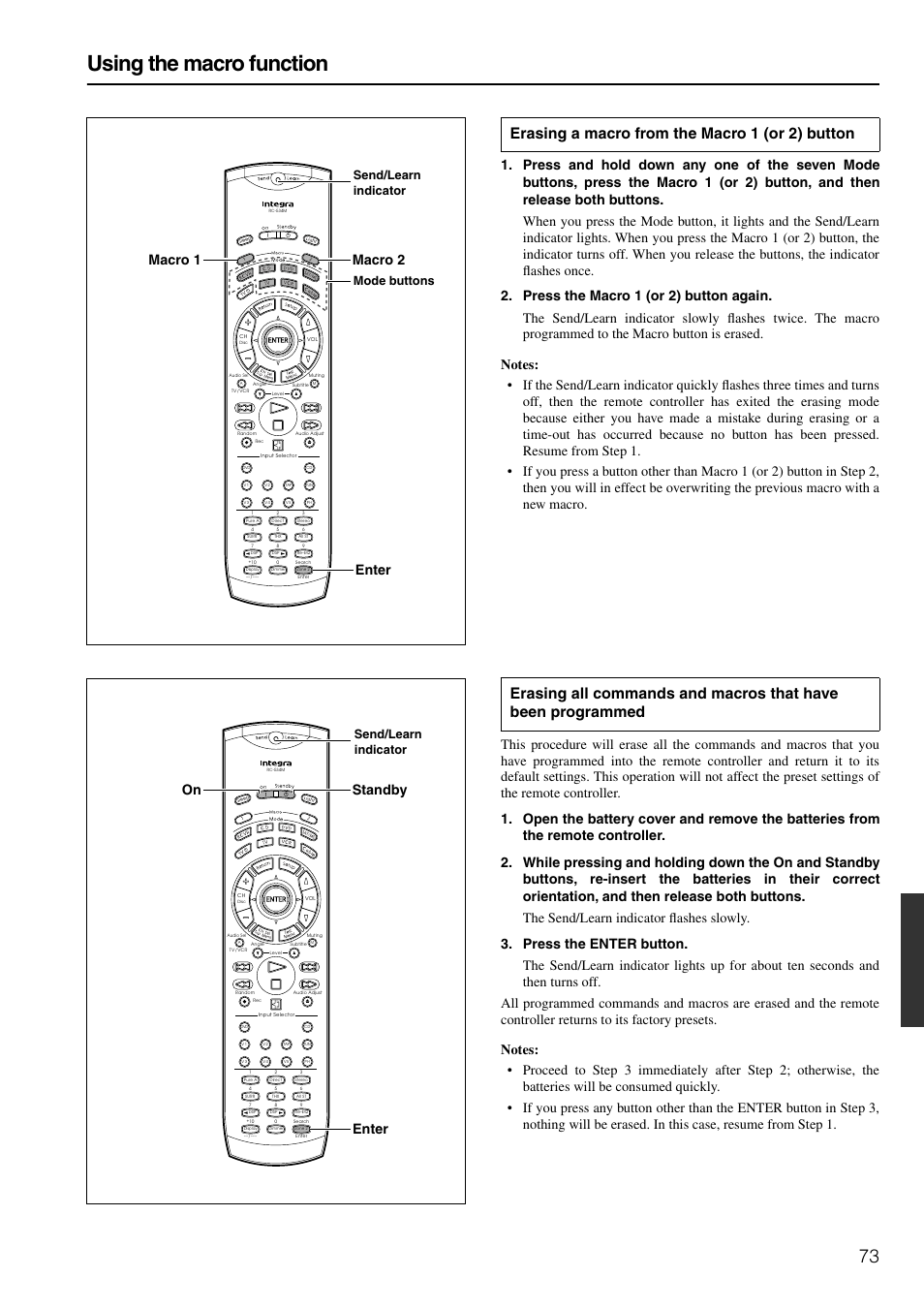 Using the macro function, Macro 1 macro 2 enter, On standby enter | Send/learn indicator mode buttons, Send/learn indicator | Integra DTR-6.4/5.4 User Manual | Page 73 / 80