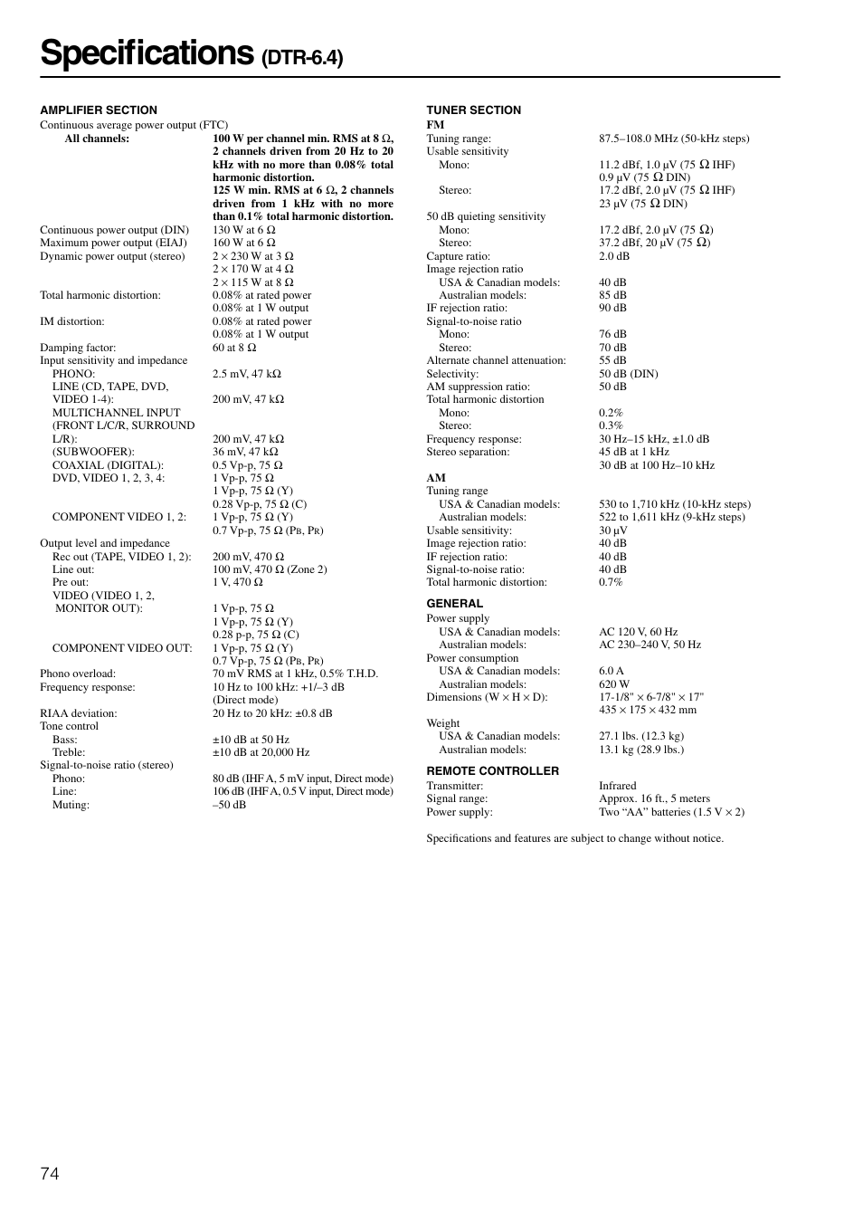 Specifications, Dtr-6.4) | Integra DTR-6.4/5.4 User Manual | Page 74 / 80